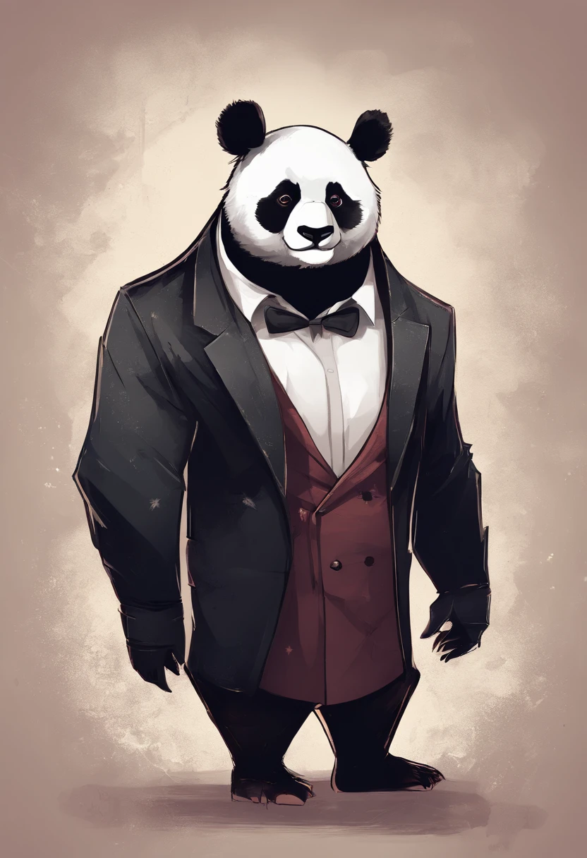 anthropomorphic panda, de cuerpo entero, vestido formalmente con un blazer, sostiene una bandeja, pegatina de panda, sticker de panda.