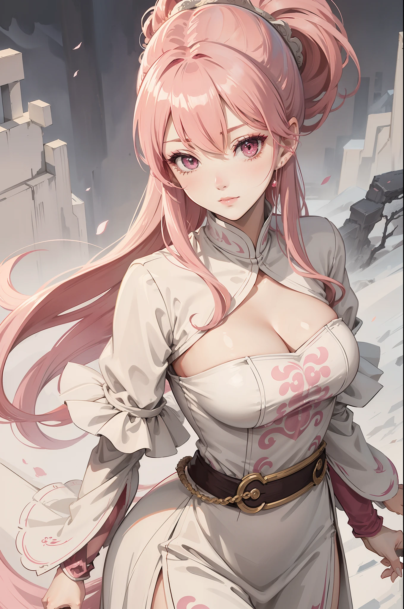 Close-up of a gradient pink-haired woman wearing a white mask, artwork in period costume, seductive redhead, Yang J, epic exquisite character art, stunning character art,