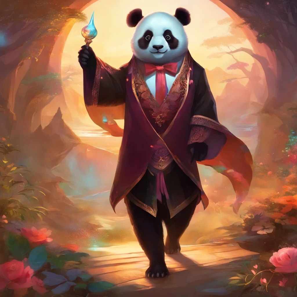 anthropomorphic panda, de cuerpo entero, vestido formalmente con un blazer, sostiene una bandeja, pegatina de panda, sticker de panda.