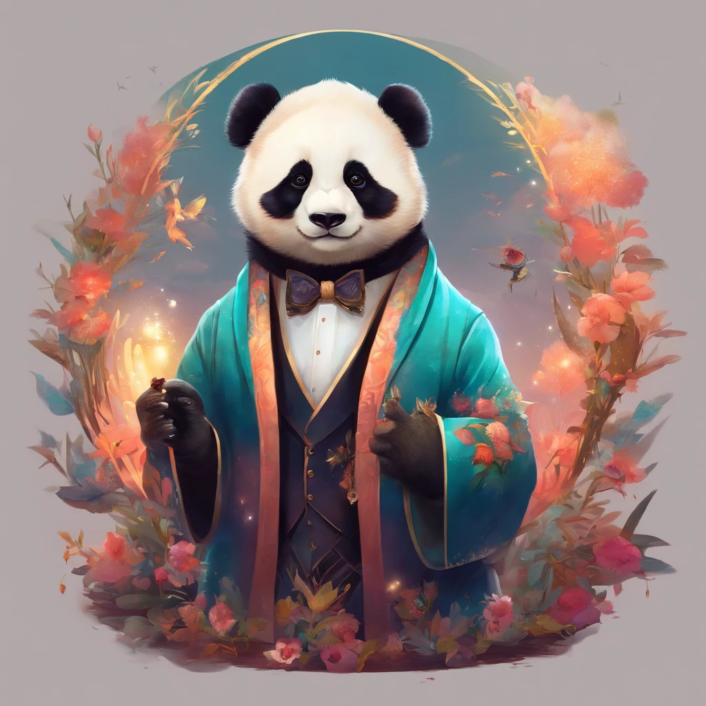 anthropomorphic panda, de cuerpo entero, vestido formalmente con un blazer, sostiene una bandeja, pegatina de panda, sticker de panda.