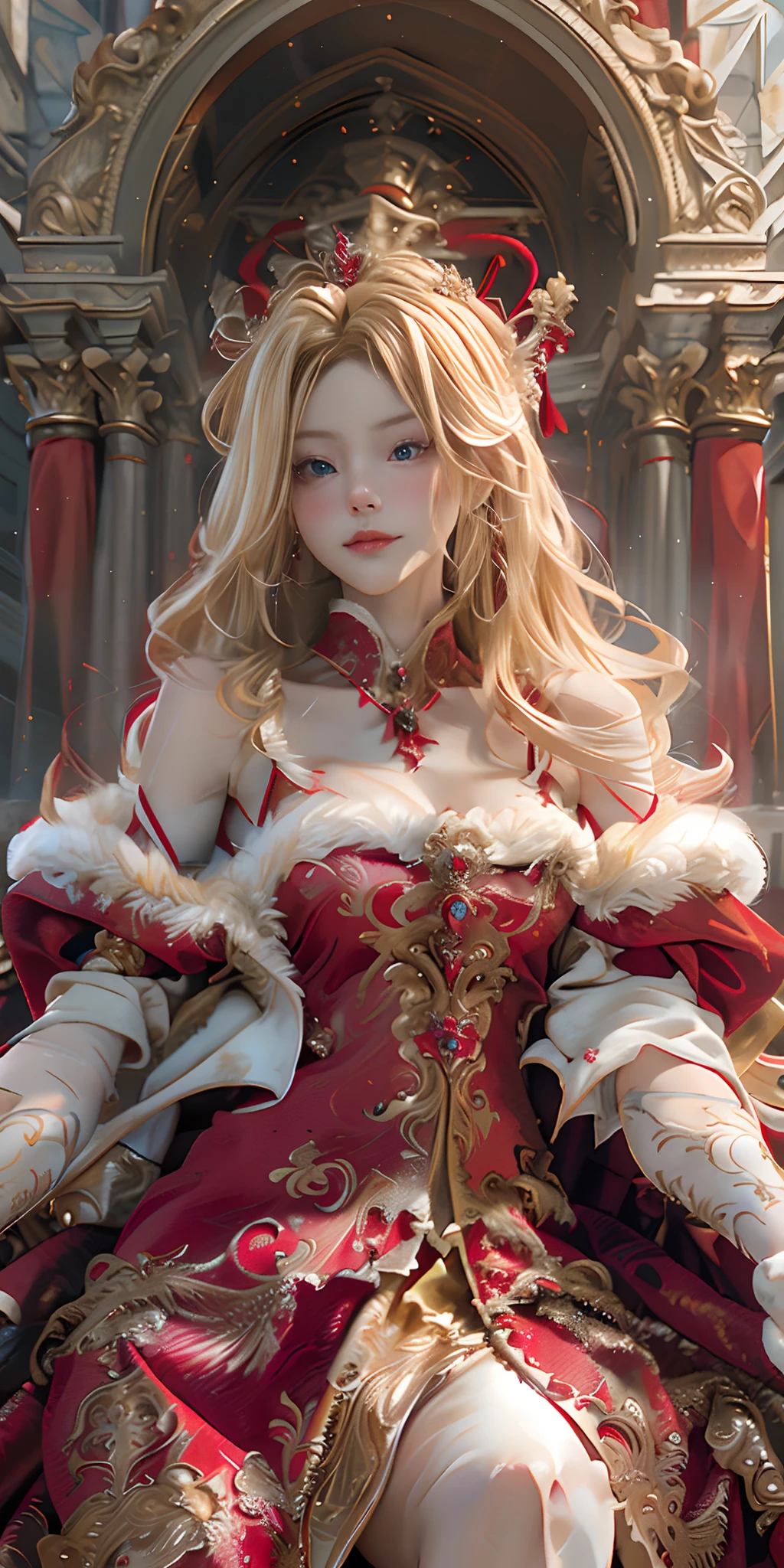 Masterpiece, realistic, realistic: extremely complex, realistic, extremely complex, 1girl, (blonde), crown, red robe, baroque black dress, red cloak, white, cape: fur trim, covering, fur cloak, queen's cloak, forehead, sitting, red eyes, corset, bridal gloves, throne, hands together, looking to the camera