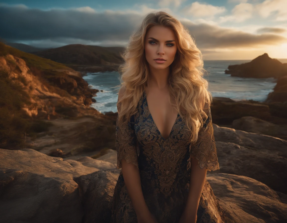 photography of a stunning girl nsfw standing (((very heavy bust))), wavy blonde hair, sitting on rocks, beside the beach, looks into the camera, symmetrical eyes, symmetrical face, photorealistic, photography, specular lighting, volumetric face light, path traced hair, visible shadows, intricate, elaborate,