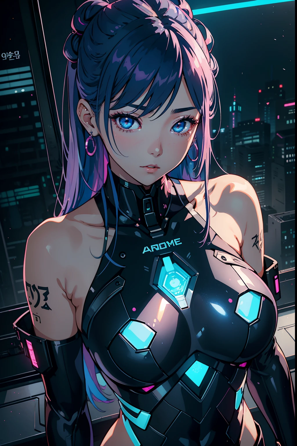 Write、1 girl in、alone、[Navy blue and pink hair:Blue and pink hair:0.2]、cyberpunked、Hi-Tech、V、machine components、looking at the spectator、black eyes、length hair、Luminous Laser Women Super Tech Jumpsuit、Mechanical body parts of cyberpunks、tattooed、interiors、Luminous Laser Earrings。highly contrast、natta、A black、[hitornfreckles:0.9]、Reflective transparent rainbow、length hair、breastsout、White skin The face of the most beautiful Korean woman、Seductive look、(Relaxing Pose:1.5)、Eva、the complex background、Sony A6300、Very beautiful and gorgeous anime illustrations、Cinematic perspective、(Relaxing Pose:1.5)、Eva、the complex background、Very beautiful and gorgeous anime illustration with cinematic perspective。