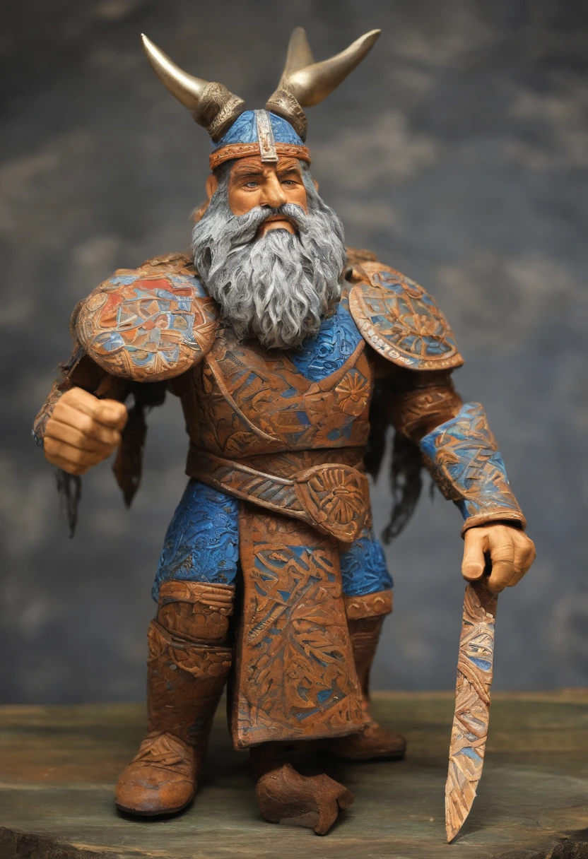 Dios Vikingo futurista con 2 hachas divinas en cada mano una barba y pelo largo luchando contra la oscuridad