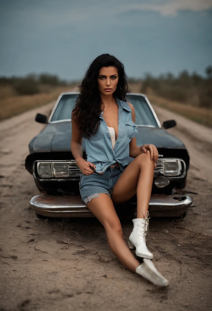Yael Shelbia (beautiful and bold, seductive and attractive, blue eyes, pointed breasts, long curly black hair, sweaty body, open shirt, short shorts, me, boot, thick legs). (deserted road, dirt road, blood, smoke, abandoned cars, newspapers, abandoned objects, bodies lying on the ground, abandoned road, apocalyptic scenery, cinematic effect), (Best quality, masterpiece, depth of field, Full HD, 4K, richness of detail). Portrait style