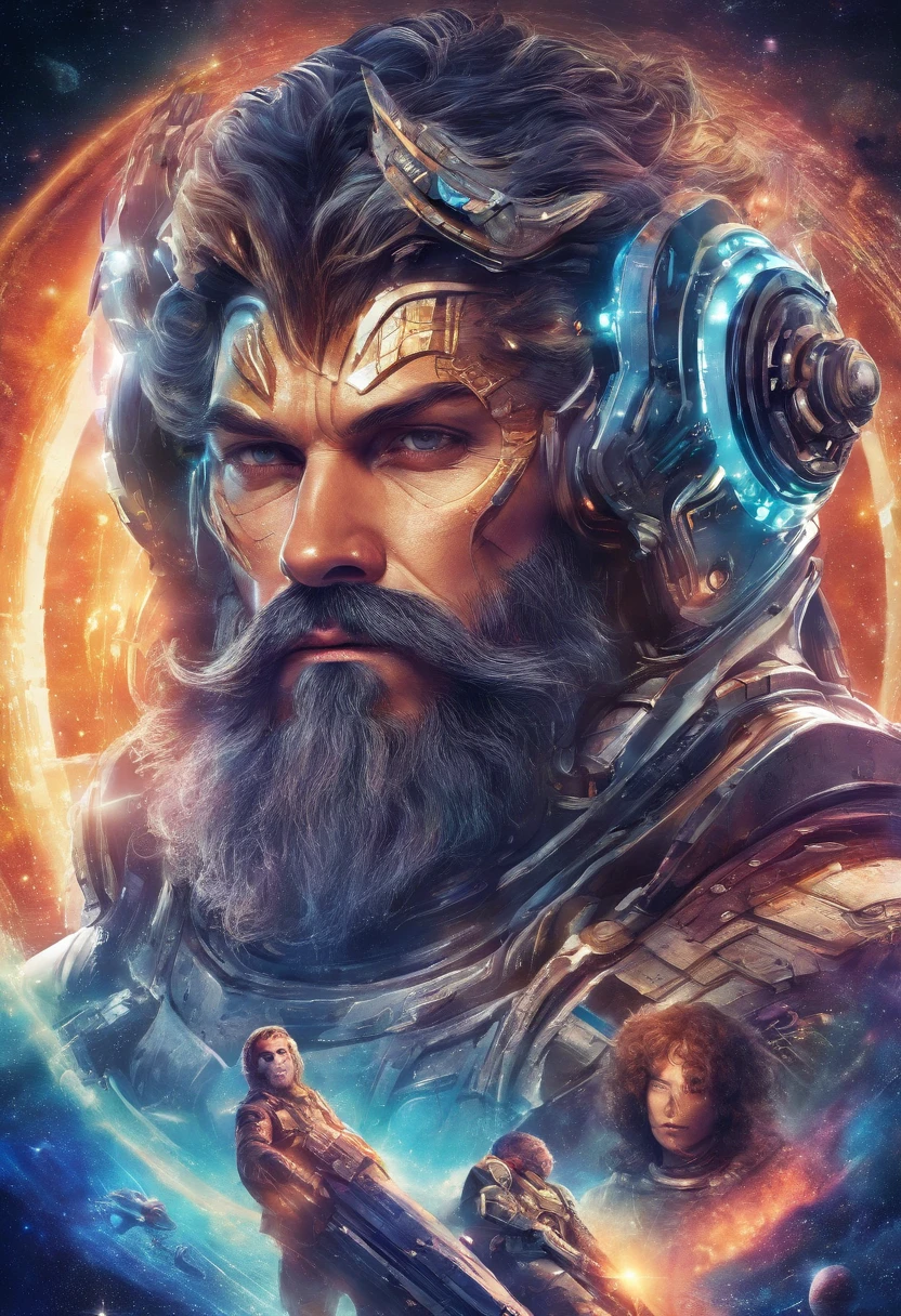 Dios Vikingo futurista con 2 hachas divinas en cada mano una barba y pelo largo luchando contra la oscuridad