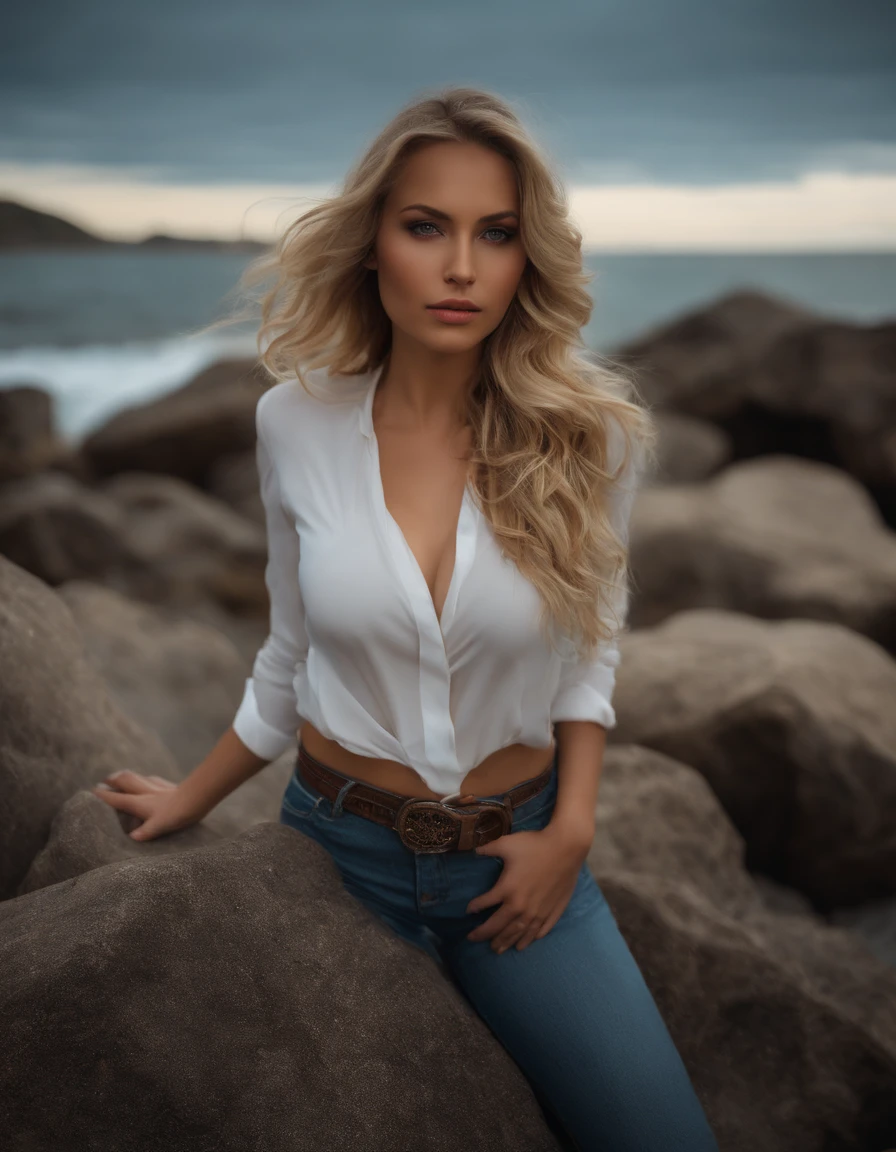 photography of a stunning girl nsfw standing (((very heavy bust))), wavy blonde hair, sitting on rocks, beside the beach, looks into the camera, symmetrical eyes, symmetrical face, photorealistic, photography, specular lighting, volumetric face light, path traced hair, visible shadows, intricate, elaborate,