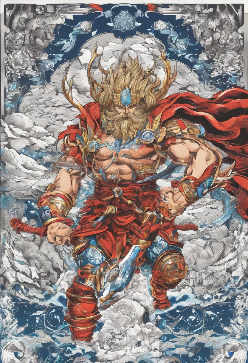 Dios Vikingo futurista con 2 hachas divinas en cada mano una barba y pelo largo luchando contra la oscuridad