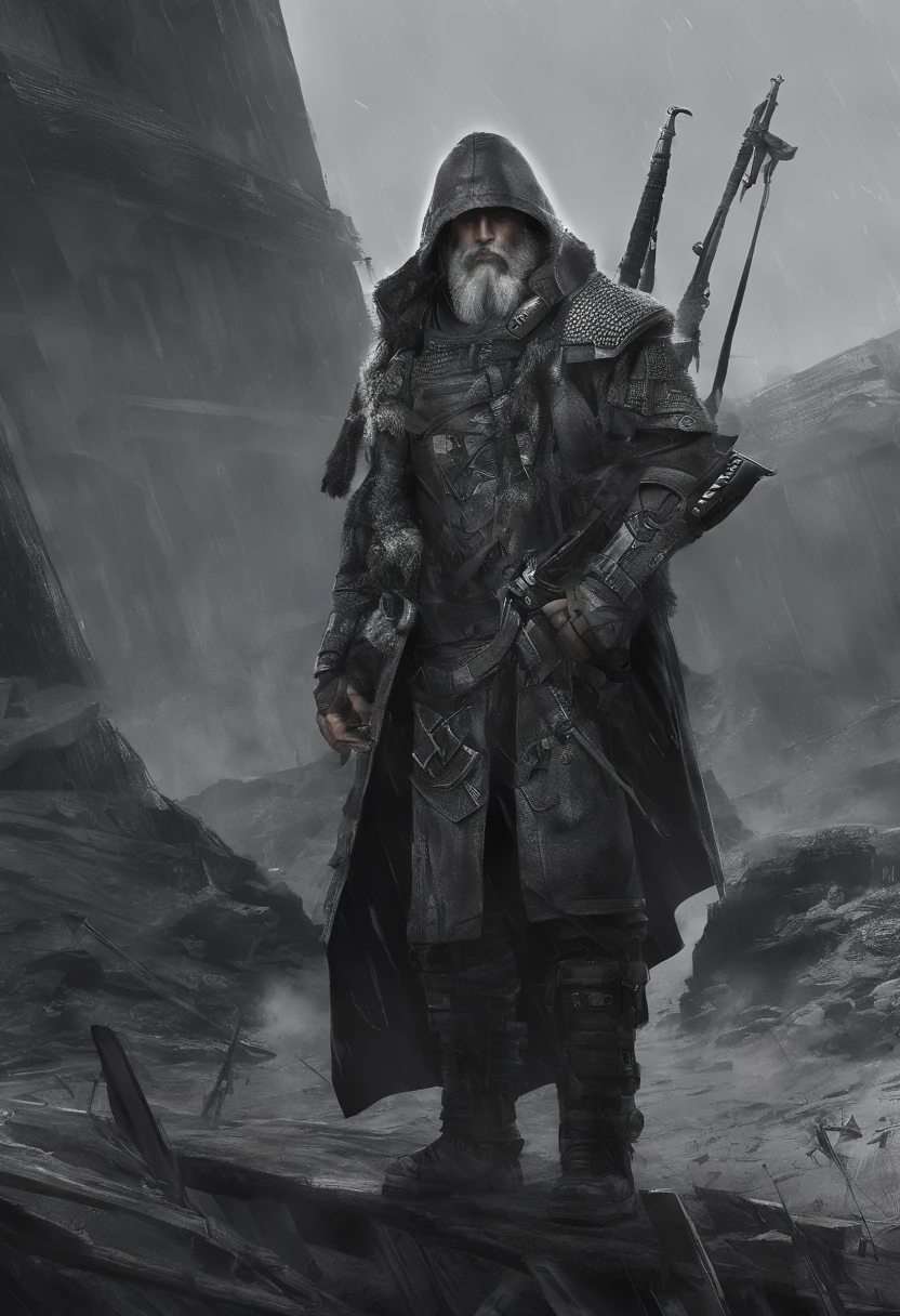 Dios Vikingo futurista con 2 hachas divinas en cada mano una barba y pelo largo luchando contra la oscuridad