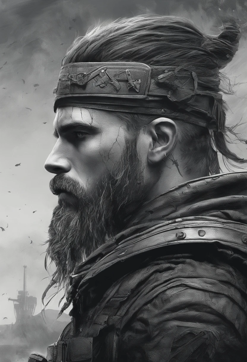 Dios Vikingo futurista con 2 hachas divinas en cada mano una barba y pelo largo luchando contra la oscuridad