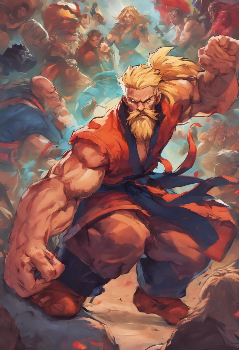 Dios Vikingo futurista con 2 hachas divinas en cada mano una barba y pelo largo luchando contra la oscuridad