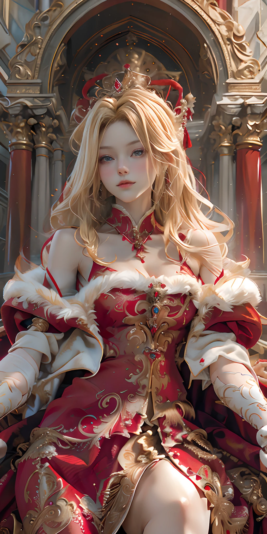 Masterpiece, realistic, realistic: extremely complex, realistic, extremely complex, 1girl, (blonde), crown, red robe, baroque black dress, red cloak, white, cape: fur trim, covering, fur cloak, queen's cloak, forehead, sitting, red eyes, corset, bridal gloves, throne, hands in legs, hands