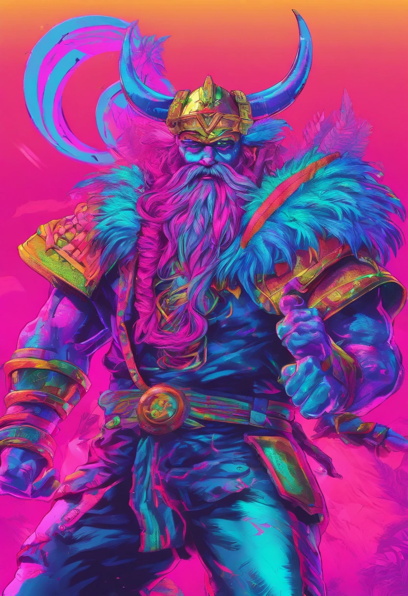 Dios Vikingo futurista con 2 hachas divinas en cada mano una barba y pelo largo luchando contra la oscuridad