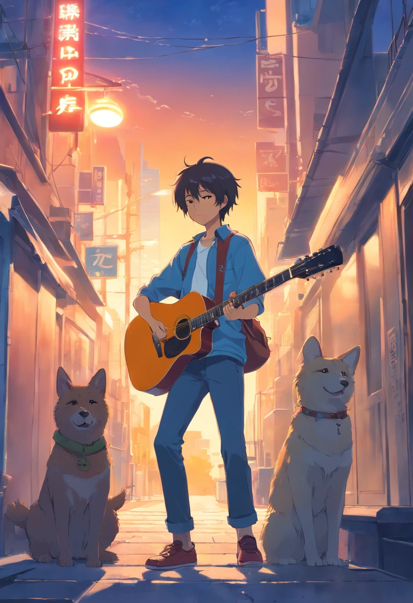 el muchacho esta con su guitarra