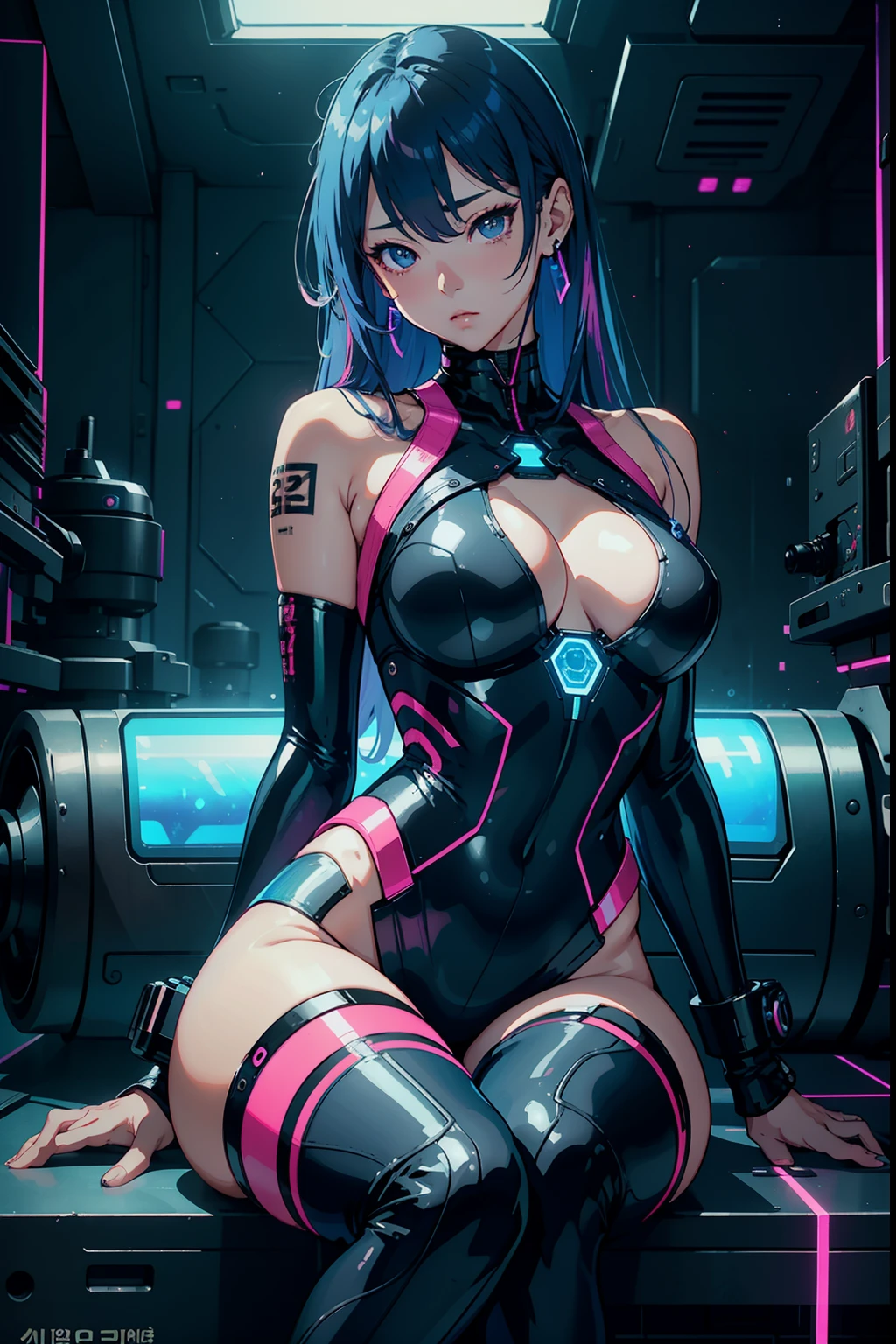write、1 girl in、Alone、[Navy blue and pink hair:Blue and pink hair:0.2]、cyberpunked、Hi-Tech、で、machine components、looking at the spectator、Black eyes、length hair、Luminous Laser Women Supertech Jumpsuit、Mechanical body parts of cyberpunks、tattooed、interiors、Luminous Laser Earrings。highly contrast、natta、A black、[hitornfreckles:0.9]、Reflective transparent rainbow、length hair、breastsout、White skin The face of the most beautiful Korean woman、Seductive look、(Relaxing Pose:1.5)、Eva、the complex background、Sony A6300、Very beautiful and gorgeous anime illustrations、cinematic perspective、(Relaxing Pose:1.5)、Eva、the complex background、Very beautiful and gorgeous anime illustration with cinematic perspective。