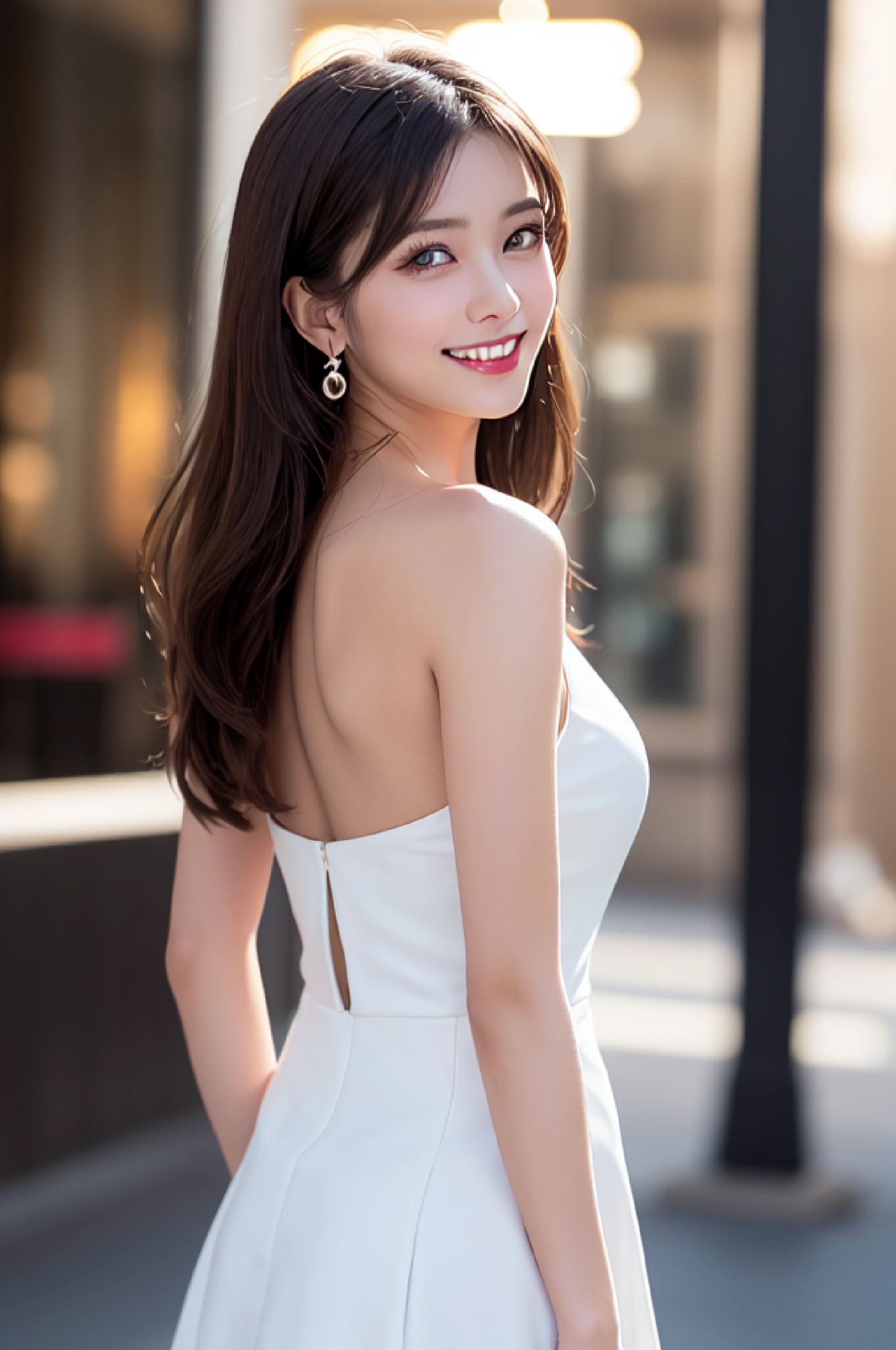 8K, masutepiece, Raw photo, Best Quality, Photorealistic, Highly detailed CG Unity 8K wallpaper, depth of fields, Cinematic Light, Lens Flare, Ray tracing, (Extremely beautiful face, Beautiful lips, Beautiful eyes), intricate detail face, ((Ultra detailed skin)) 1girl in, In the Dark, deepshadow, Pretty Korean girl, Kpop Idol, 1 girl, (Very slim and slender fit muscular body:1.3), ((Looking at Viewer)),(Big smile:1.3), (Midnight, a dark night, (Neon sign), (Blurred background), Dim light), (No people in the background:1.3), Beautiful earrings, Bracelets, Necklace, pantyhose, Clear eyes, Walking , Front shot, (pale skin), (Big eyes), Face forward, (Full body shot), (Brown hairs), open navel, (Looking at Viewer:1.3), Very slim, medium breasts, (Camel toe), thick thighs, turn back, (fluttering mini dress), ((White Collar Dresses)), (Tight skirt), ((backtrack, Back shot)), Ultra mini skirt, exposed ass, upper Shot