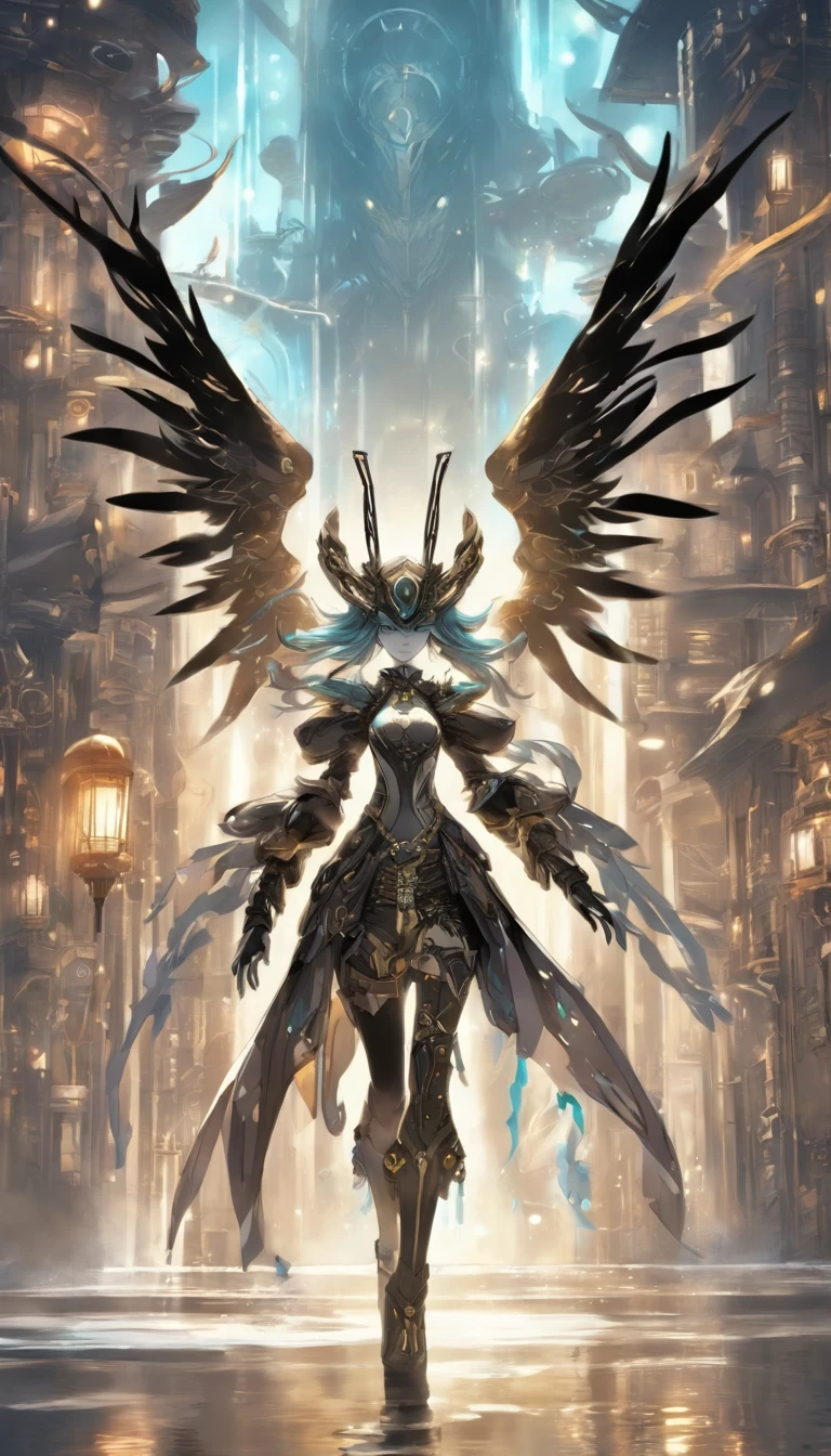 Chinese ink style，Black and white steampunk world，Carved steampunk warframe girl，giant mechanical wings，Jet steam is suspended in the city air，Ink animation art，Ink comic art，water ink，ink，Smudge，8K，Delicately portrayed，Works of masters