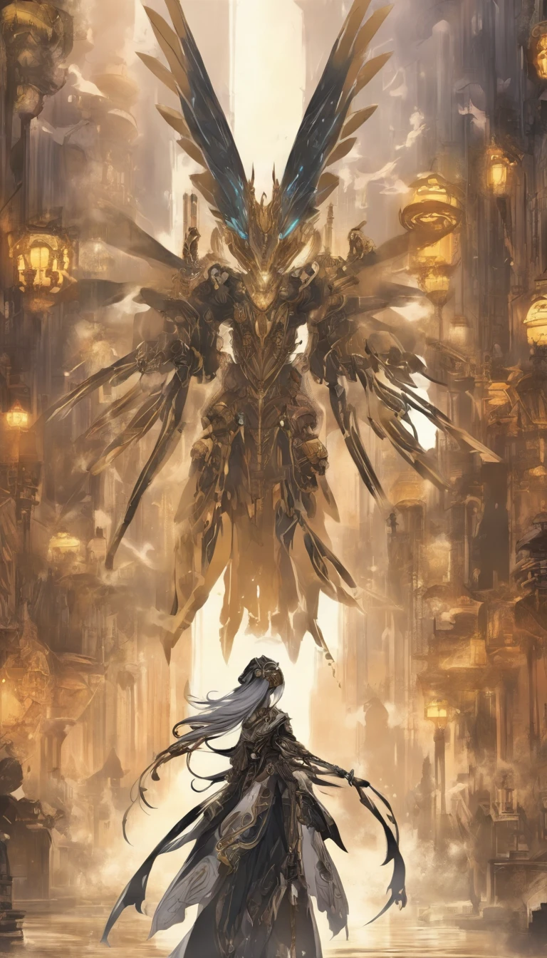 Chinese ink style,Black and white steampunk world,Carved steampunk warframe girl,giant mechanical wings,Jet steam is suspended in the city air,Ink animation art,Ink comic art,water ink,ink,Smudge,8K,Delicately portrayed,Works of masters