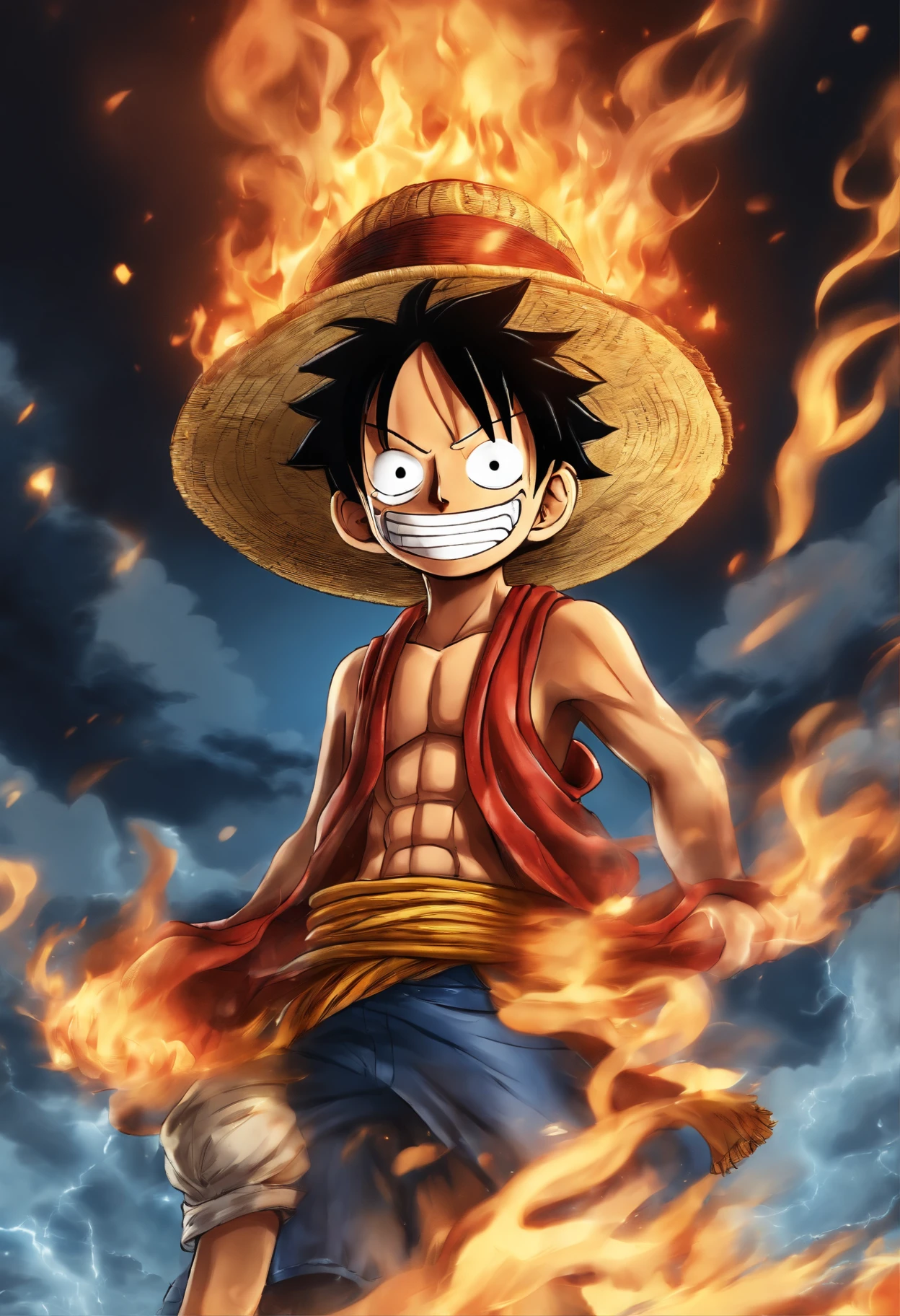 anime character with a hat on his head and a fire on his head, luffy, monkey d. luffy, monkey d luffy, hq artwork, one piece artstyle, luffy (one piece, key art, official art, inspired by Eiichiro Oda, anime key art, high detailed official artwork, luffy gear 5, portrait of luffy from one piece, one piece style