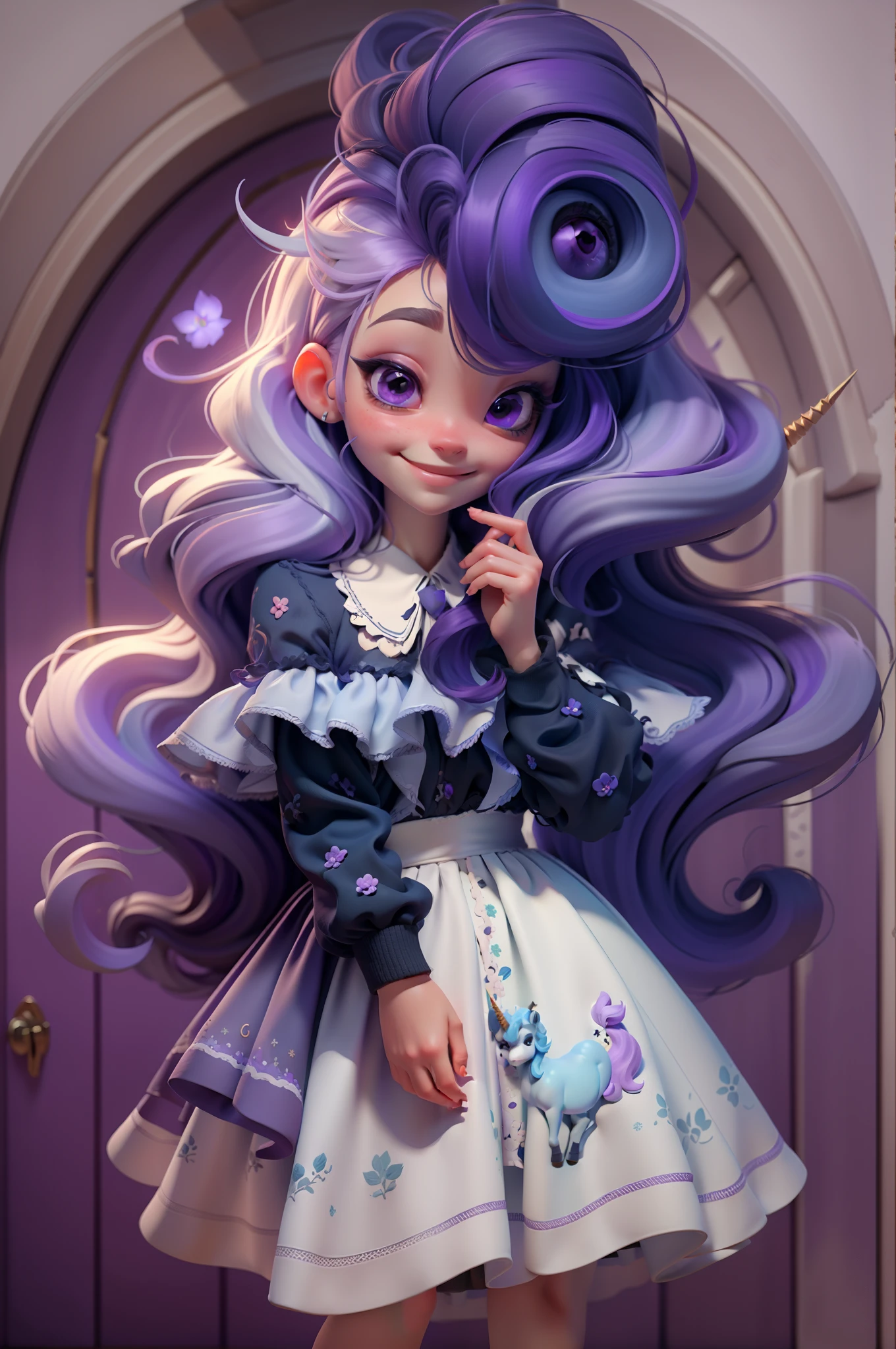 Best quality, High quality, A cute unicorn, Solo, Beautiful purple hair, Beautiful purple eyes, Light smile,