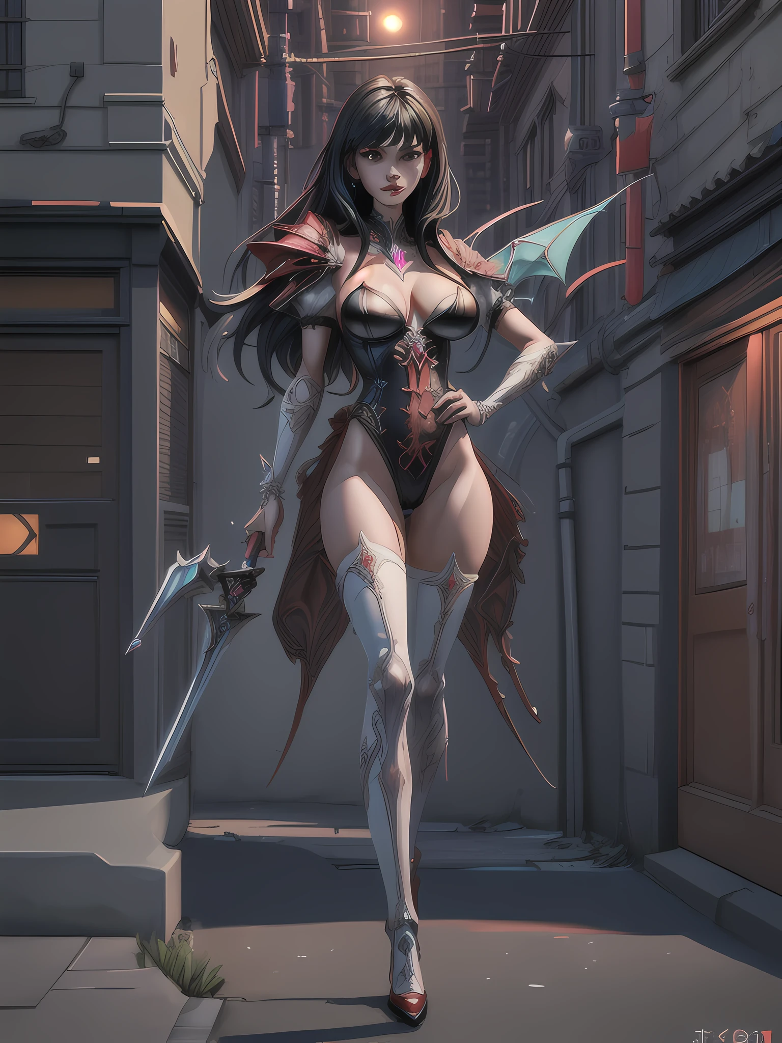 a 3d  animation style picture of Vampirella standing in the street at night, Vampirella  (masterpiece, extremely detailed, best quality), full body (masterpiece, extremely detailed, best detailed), standing in an urban street at night  exquisite beautiful Vampirella (masterpiece, extremely detailed, best quality), best detailed face, full body, wearing red armor LnF (masterpiece, extremely detailed, best quality), armed with a sword fantasysword sword (masterpiece, extremely detailed, best quality), ready for battle, urban street background, lamp lights, moon light, detailed background (masterpiece, extremely detailed, best quality), best realistic, very high quality, best quality, 16k, [ultra detailed], masterpiece, best quality, (extremely detailed), ultra wide shot, photorealism, depth of field, 3D animation render