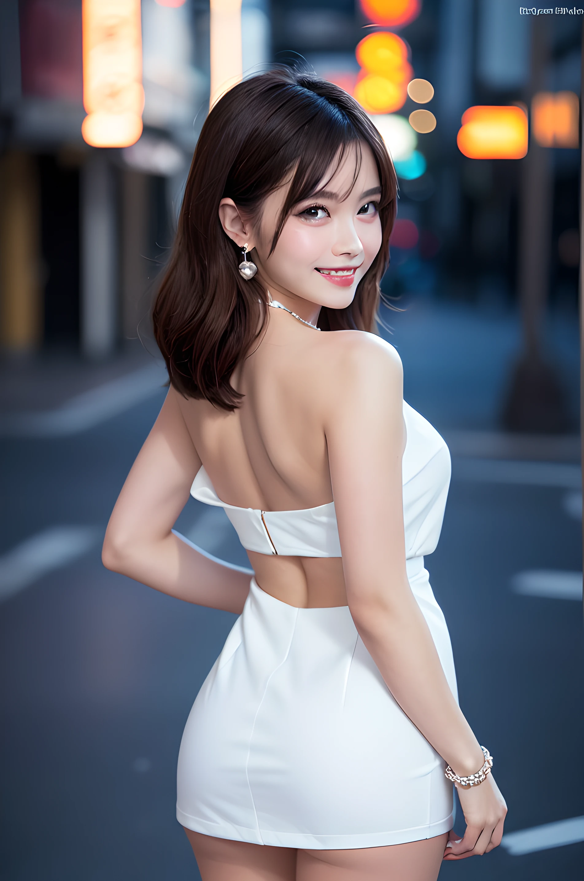 sitting on a bed, process art, Artorian Pendragon, masutepiece, Raw photo, Best Quality, Photorealistic, Highly detailed CG Unity 8k wallpaper, depth of fields, Lens Flare, (Extremely beautiful face, Beautiful lips, beautidful eyes), intricate detail face, ((Ultra detailed skin)) 1girl in, (Big smile:1.3), (Midnight (Neon sign), (Blurred background), Dim light), (No people in the background:1.3), Beautiful earrings, Bracelets, pantyhose, Clear eyes, (pale skin), (Full body shot), (Brown hairs), (Looking at Viewer:1.3), Very slim, ((White Collar Dresses)), (Tight skirt), ((Back shot)), Ultra mini skirt, (upturned ass, light skinned, kawaii, Super beauty, Upturned, Silhouette is Eloi), masutepiece, Best Quality, Ultra-detailed, finely detail, Perfect dynamic composition, Beautiful detailed eyes, Natural Lip, Abstract background, bashfulness