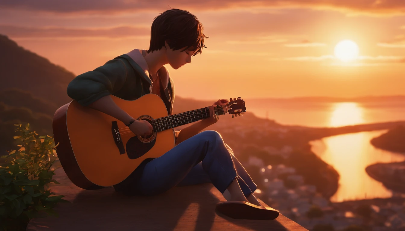Anime boy sitting on a ledge playing a guitar at sunset, Anime Art Wallpaper 8K, Anime Art Wallpaper 4K, Anime Art Wallpaper 4K, Estilo anime 4K, 4k anime wallpapers, 4k anime wallpapers, 4k anime wallpapers, Wallpapers manga 4K wallpapers, Makoto Shinkai Cirilo Rolando, the girl plays the guitar, lofi