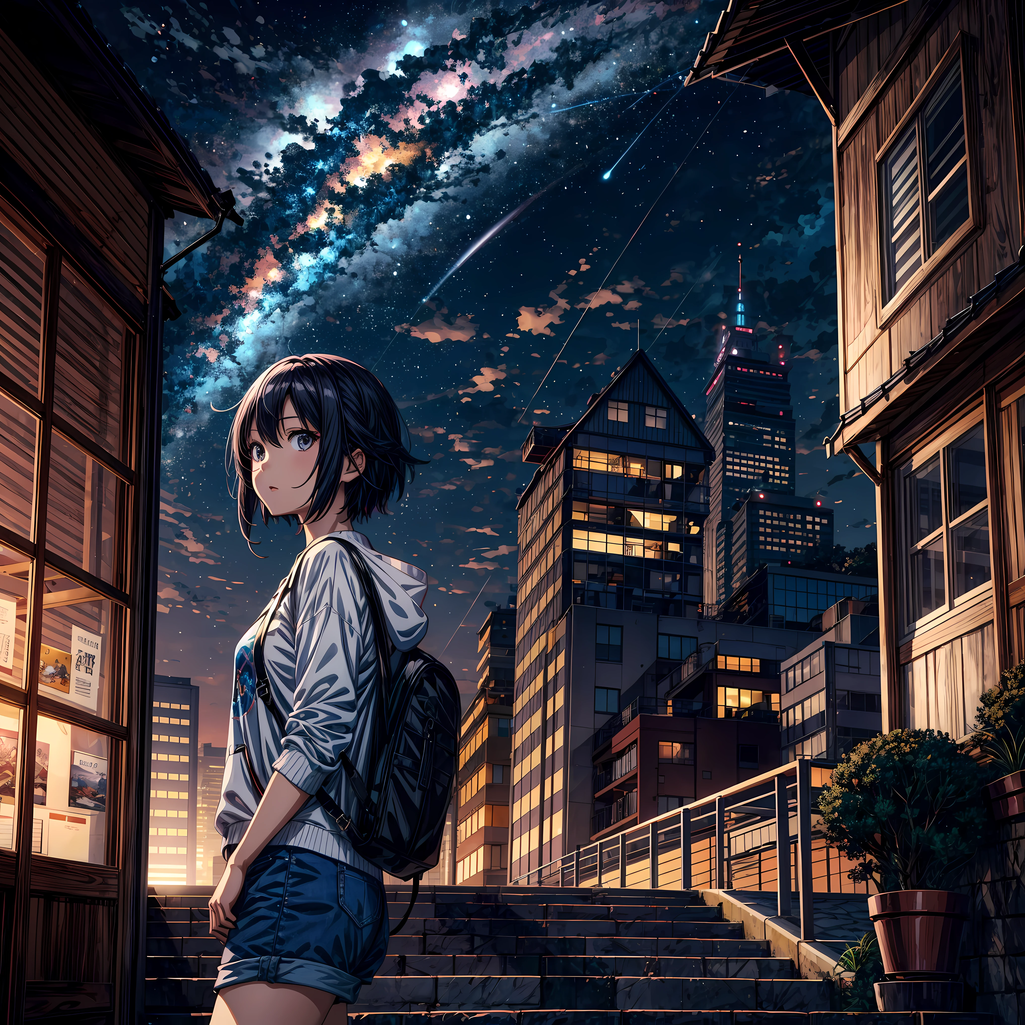 Menina do anime assistindo a paisagem da cidade grande de uma altura,City of the Near Future、 Makoto Shinkai Cirilo Rolando, Anime Art Wallpaper 4K, Anime Art Wallpaper 4K, Anime Art Wallpaper 8K, inspirado em Cyril Rolando, No estilo Dan Mumford obra de arte, amazing wallpapers, por Yuumei