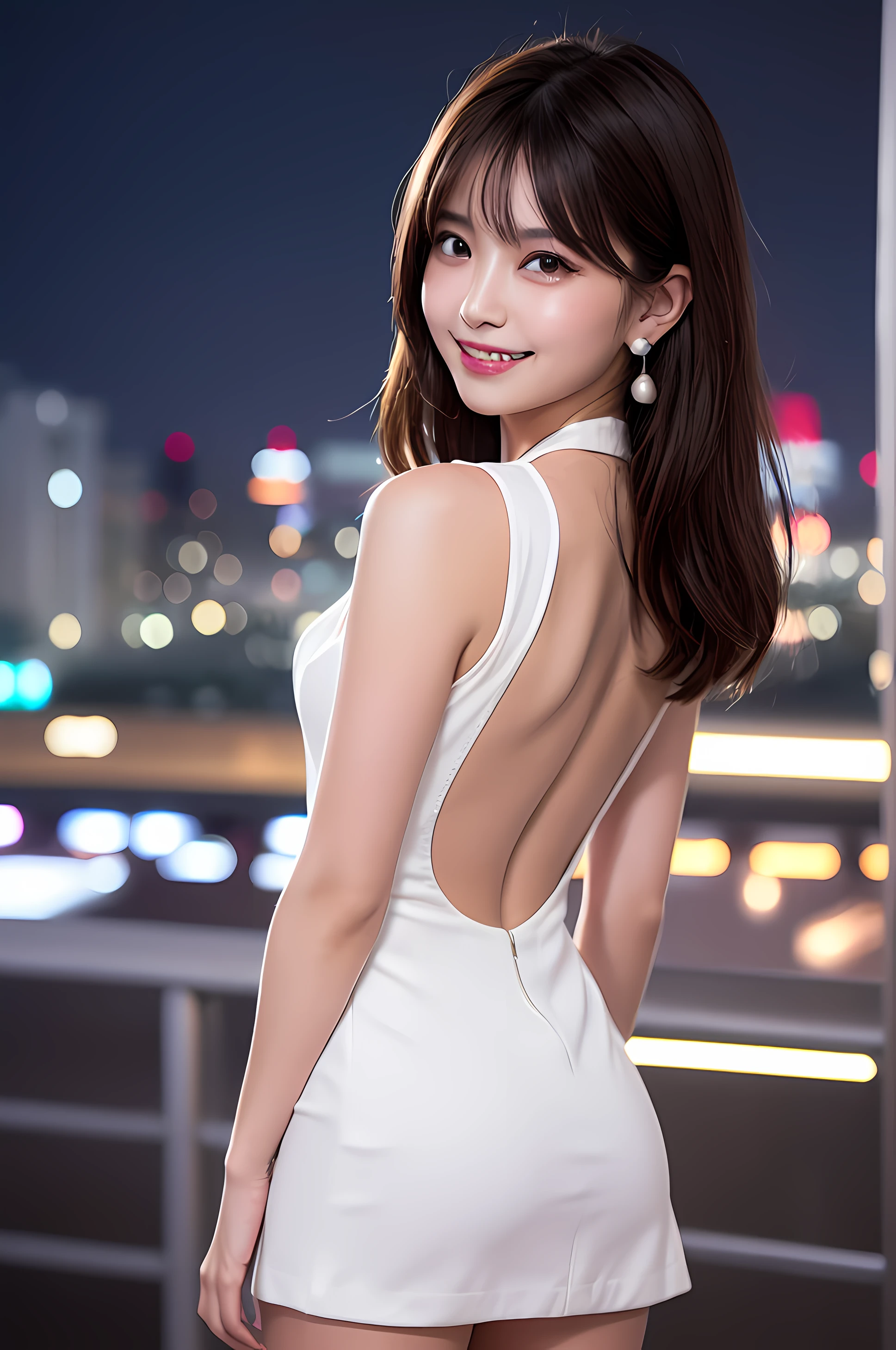 sitting on a bed, process art, Artorian Pendragon, masutepiece, Raw photo, Best Quality, Photorealistic, Highly detailed CG Unity 8k wallpaper, depth of fields, Lens Flare, (Extremely beautiful face, Beautiful lips, beautidful eyes), intricate detail face, ((Ultra detailed skin)) 1girl in, (Big smile:1.3), (Midnight (Neon sign), (Blurred background), Dim light), (No people in the background:1.3), Beautiful earrings, Bracelets, pantyhose, Clear eyes, (pale skin), (Full body shot), (Brown hairs), (Looking at Viewer:1.3), Very slim, ((White Collar Dresses)), (Tight skirt), ((Back shot)), Ultra mini skirt, (upturned ass, light skinned, kawaii, Super beauty, Upturned, Silhouette is Eloi), masutepiece, Best Quality, Ultra-detailed, finely detail, Perfect dynamic composition, Beautiful detailed eyes, Natural Lip, Abstract background, bashfulness