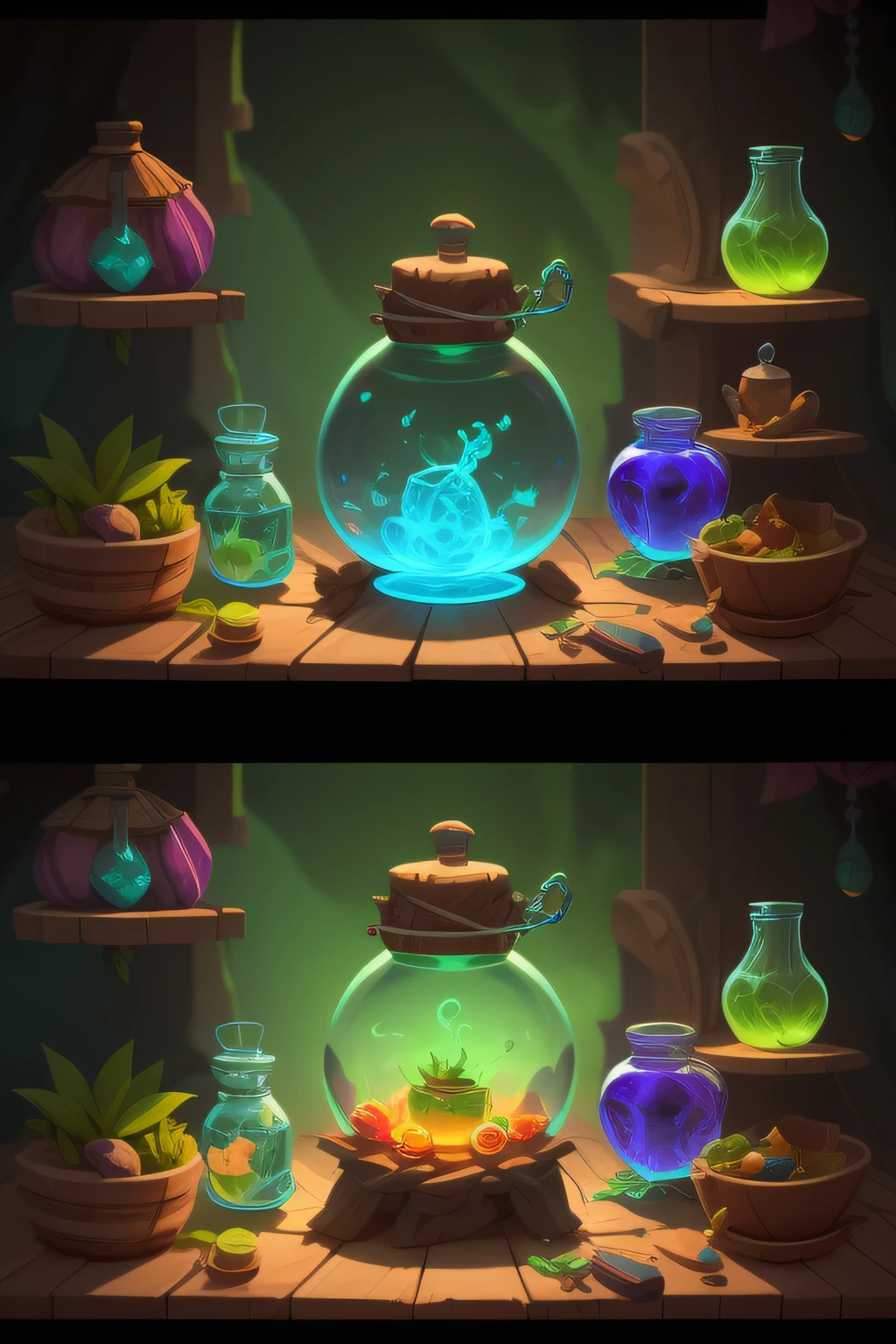 brewing potion in witch hut, potion of healing, stylized shading, potion, stylized cel shading, potion belt, potion, health potion, graphic of enchanted terrarium, glowing jar, cel shading, making a potion, alchemist bottles，magia，dream magical