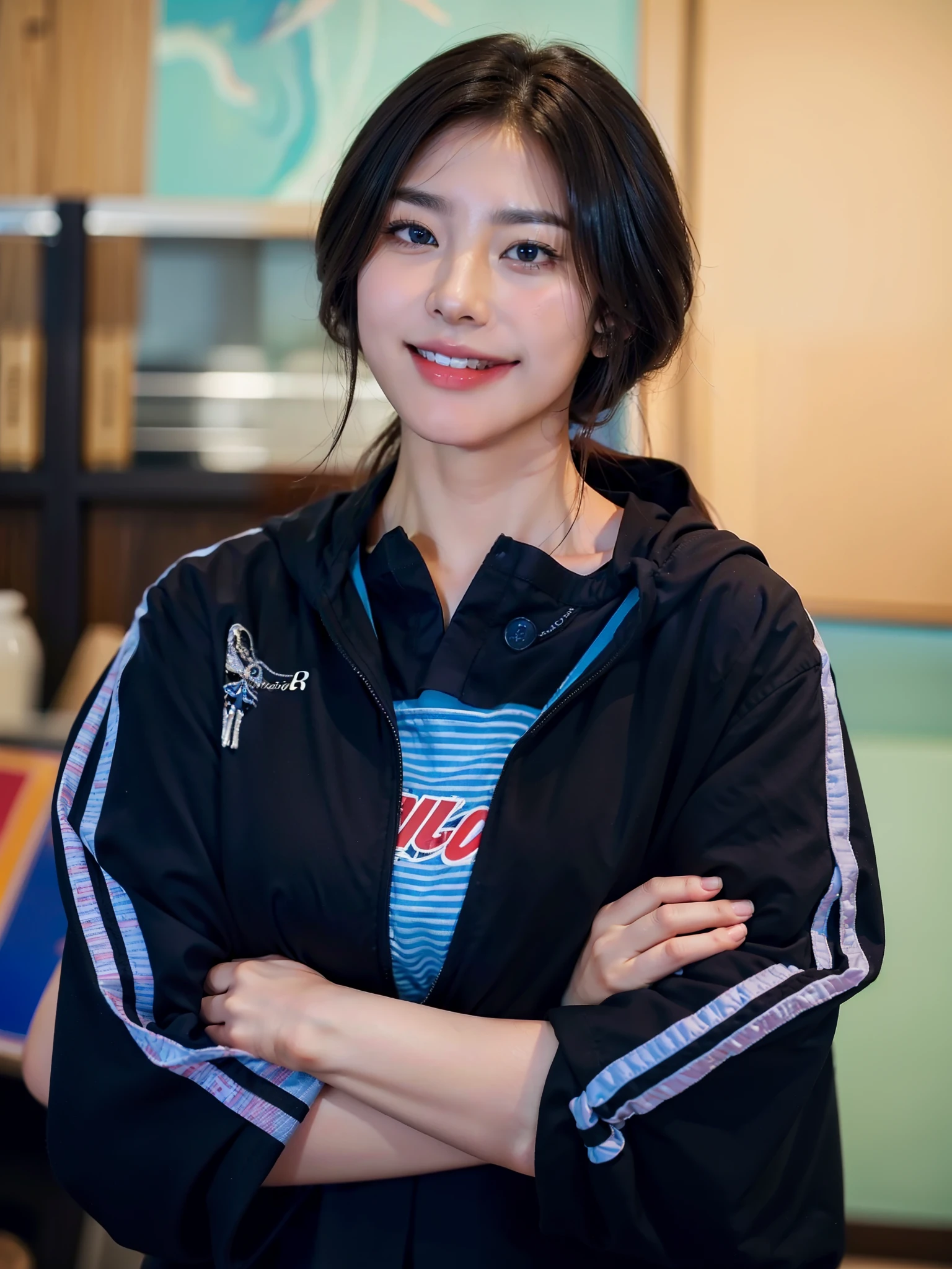 (top-quality、8k、masterpiece:1.3)、Beautiful Women in Perfect Figure:1.4、dark brown hair、extremely detailed face and skin、A detailed eye、二重まぶた、huge tit、a smile、g-cup