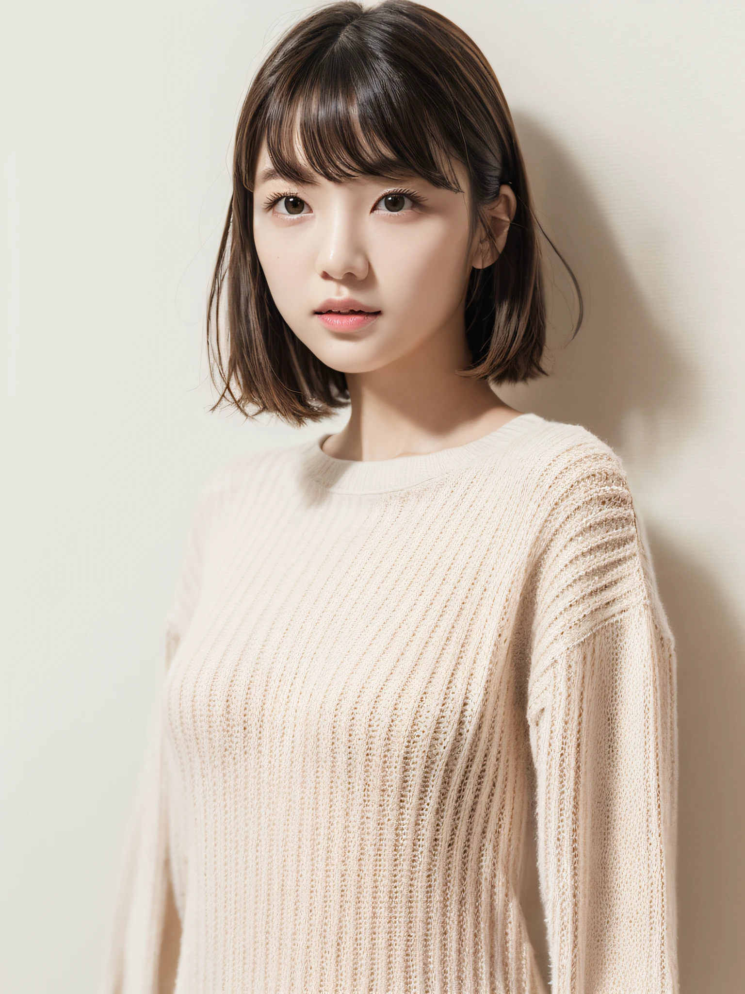 top-quality、masterpiece、hight resolution、1girl in、独奏、Raw photo、Real person、Detailed skin、japanes、brawn hair、thin bunches of bangs、Medium Hair、Floating hair、fullllbody,Sweat knitwear、White Room、catchlight、white walls