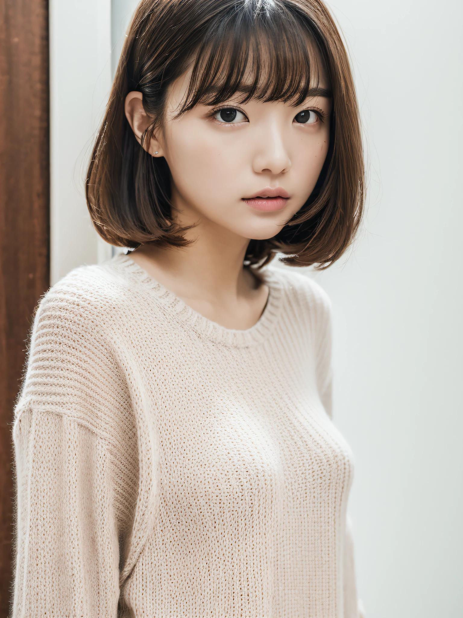 top-quality、masterpiece、hight resolution、1girl in、独奏、Raw photo、Real person、Detailed skin、japanes、brawn hair、thin bunches of bangs、Medium Hair、Floating hair、fullllbody,Sweat knitwear、White Room、catchlight、white walls
