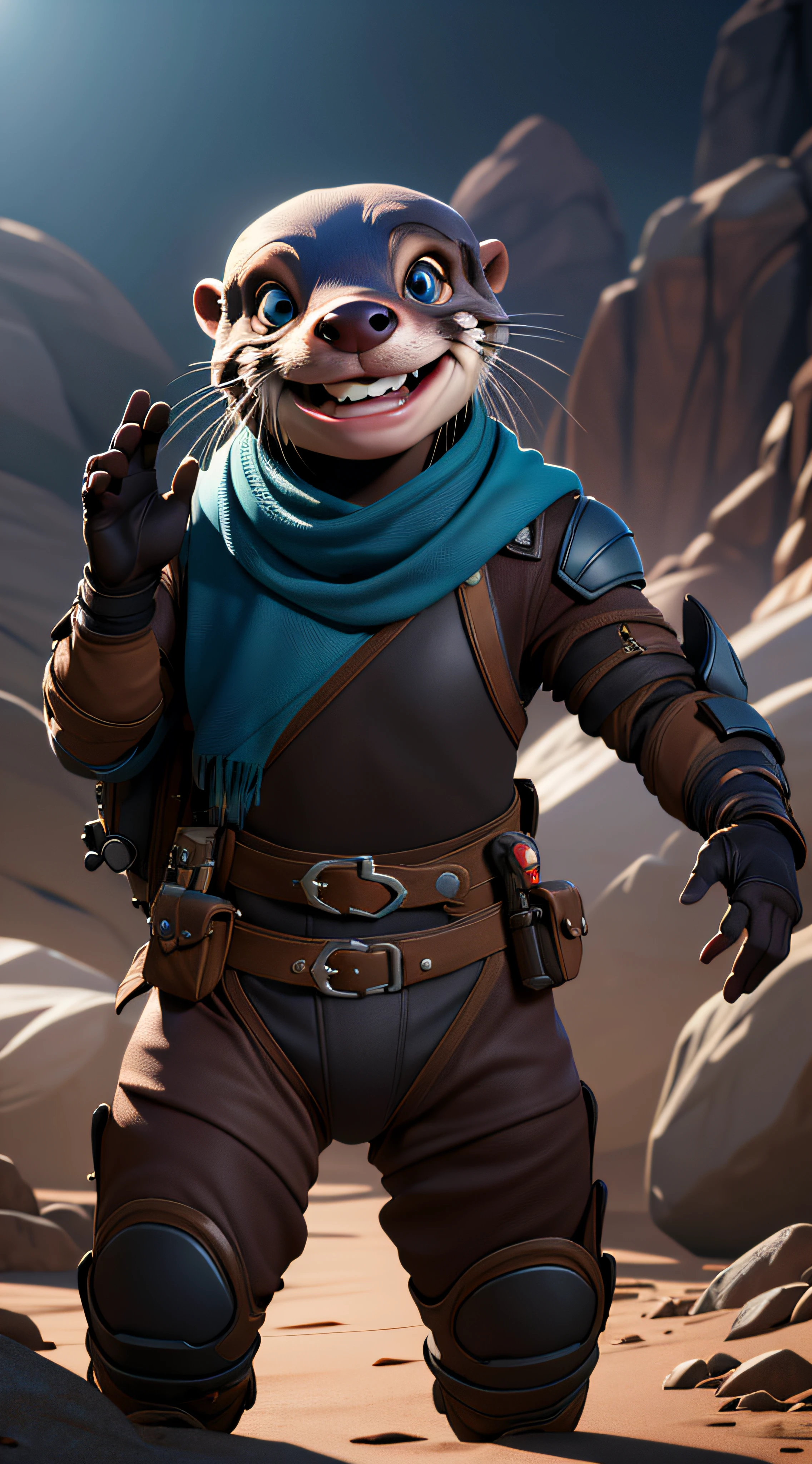 ((8k masterpiece ,best quality:1.2)), absurdres, female otter, solo, smiling, looking at viewer, cowboy shot, cinematic composition, dynamic pose, quixel megascan, volumetric lighting, subsurface scattering