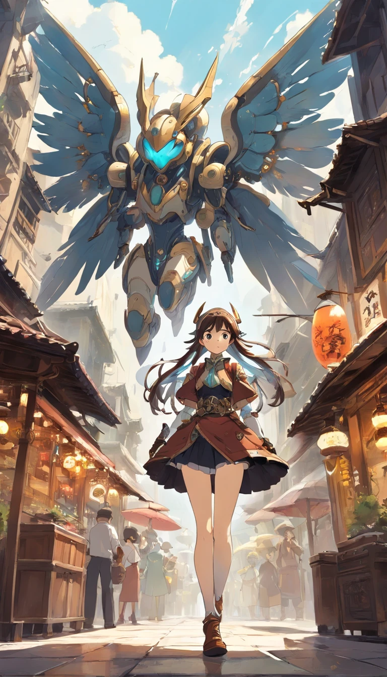 Chinese ink style,Black and white steampunk world,Carved steampunk warframe girl,giant mechanical wings,Jet steam is suspended in the city air,Ink animation art,Ink comic art,water ink,ink,Smudge,8K,Delicately portrayed,Works of masters
