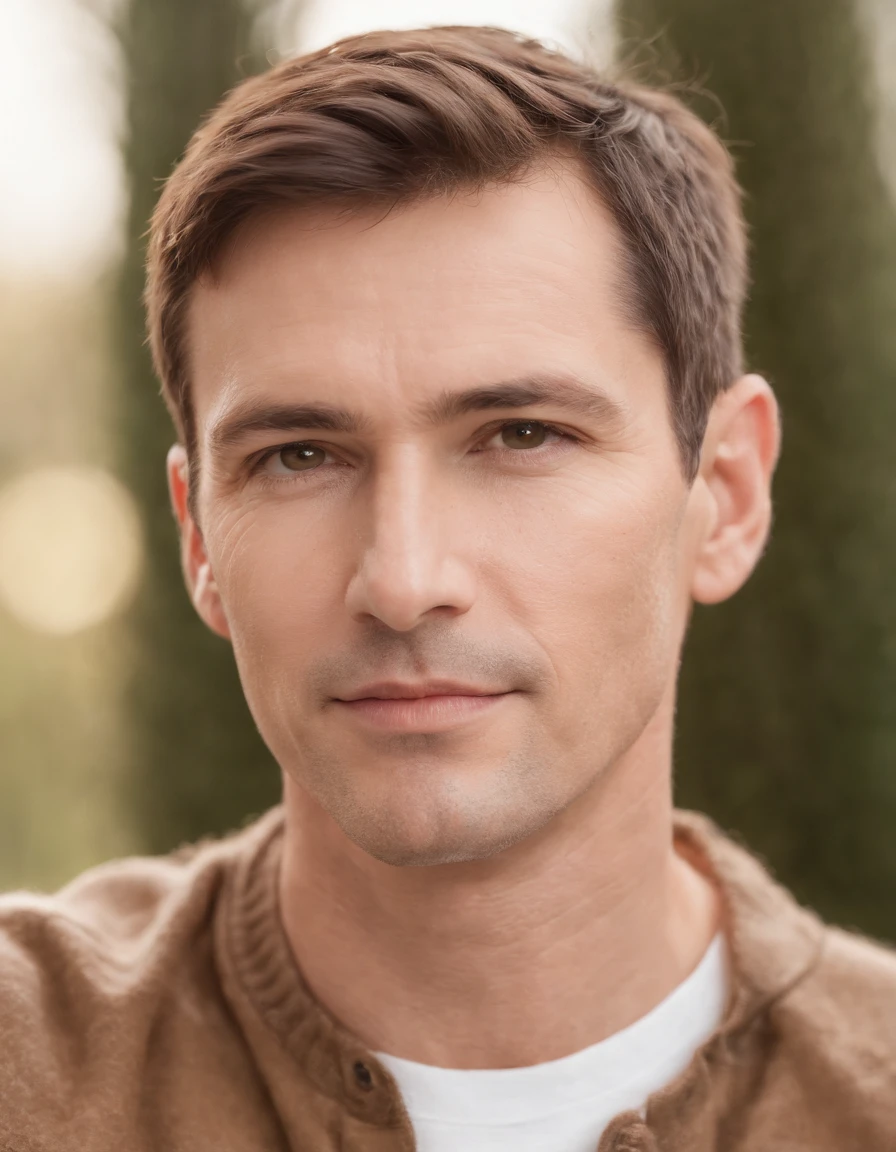 a hadsom man Tall and fit , (40 years old:1.3), (shaven:1.2), (short brown hair:1.5),(very short hair:1.6). wearing light fit shirt , natural sunlight, close-up, light colors, bokeh style, super fine detail style, high quality photo, in bedroom