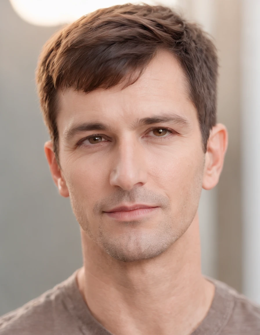 a  hadsom man Tall and fit , (40 years old:1.3), (shaven:1.2), (short brown hair:1.5),(very short hair:1.6). wearing light fit shirt , natural sunlight, close-up, light colors, bokeh style, super fine detail style, high quality photo, in bedroom