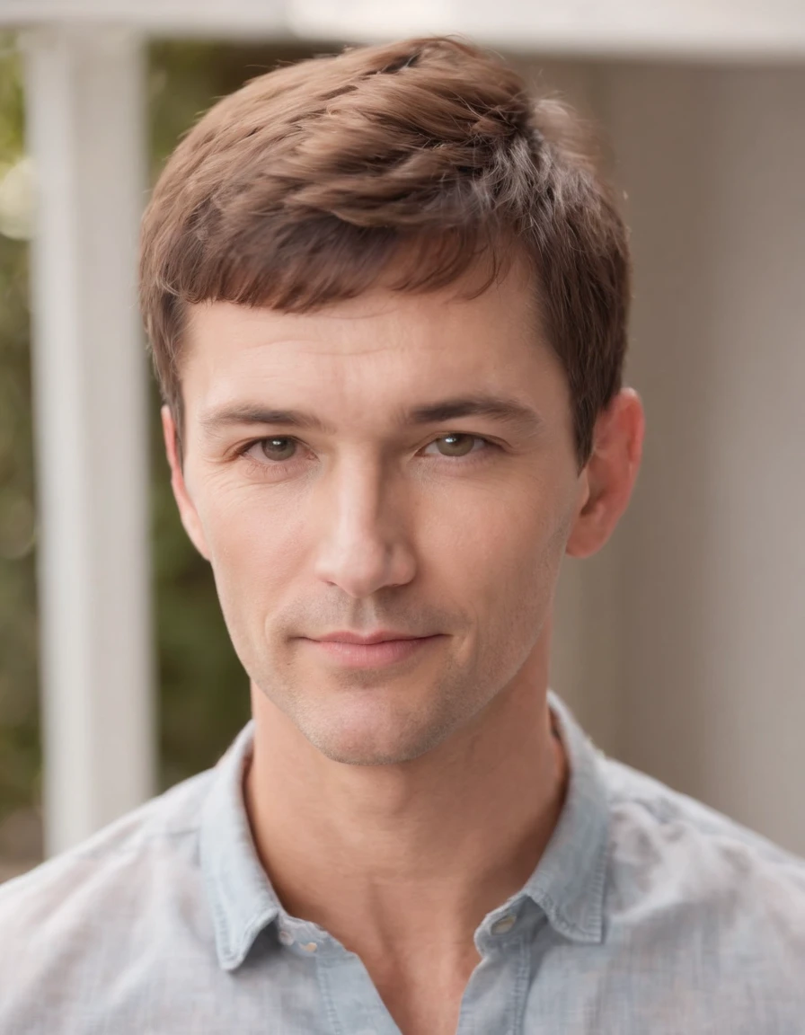 a  hadsom man Tall and fit , (40 years old:1.3), (shaven:1.2), (short brown hair:1.5),(very short hair:1.6). wearing light fit shirt , natural sunlight, close-up, light colors, bokeh style, super fine detail style, high quality photo, in bedroom