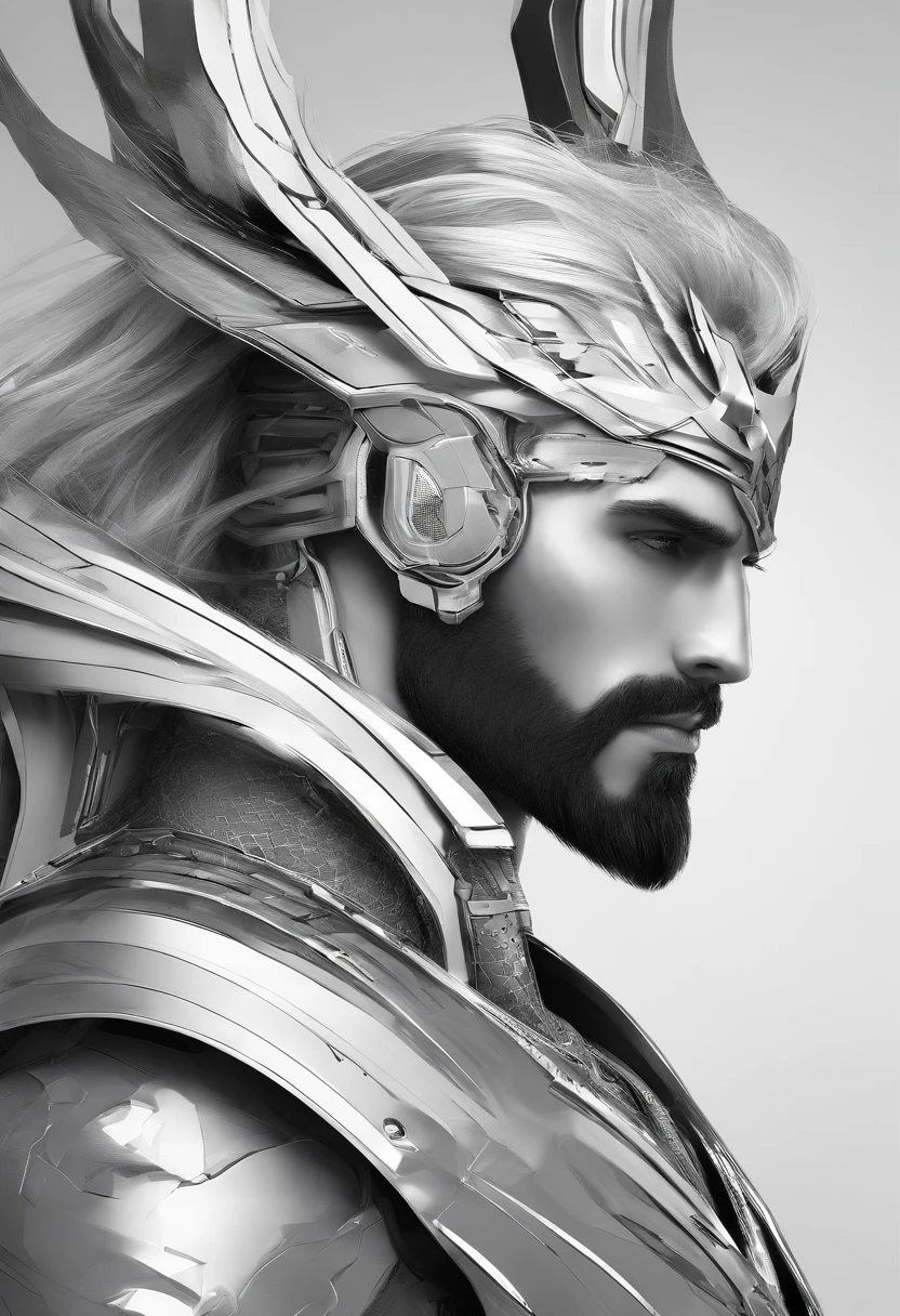 Dios Vikingo futurista con 2 hachas divinas en cada mano una barba y pelo largo luchando contra la oscuridad