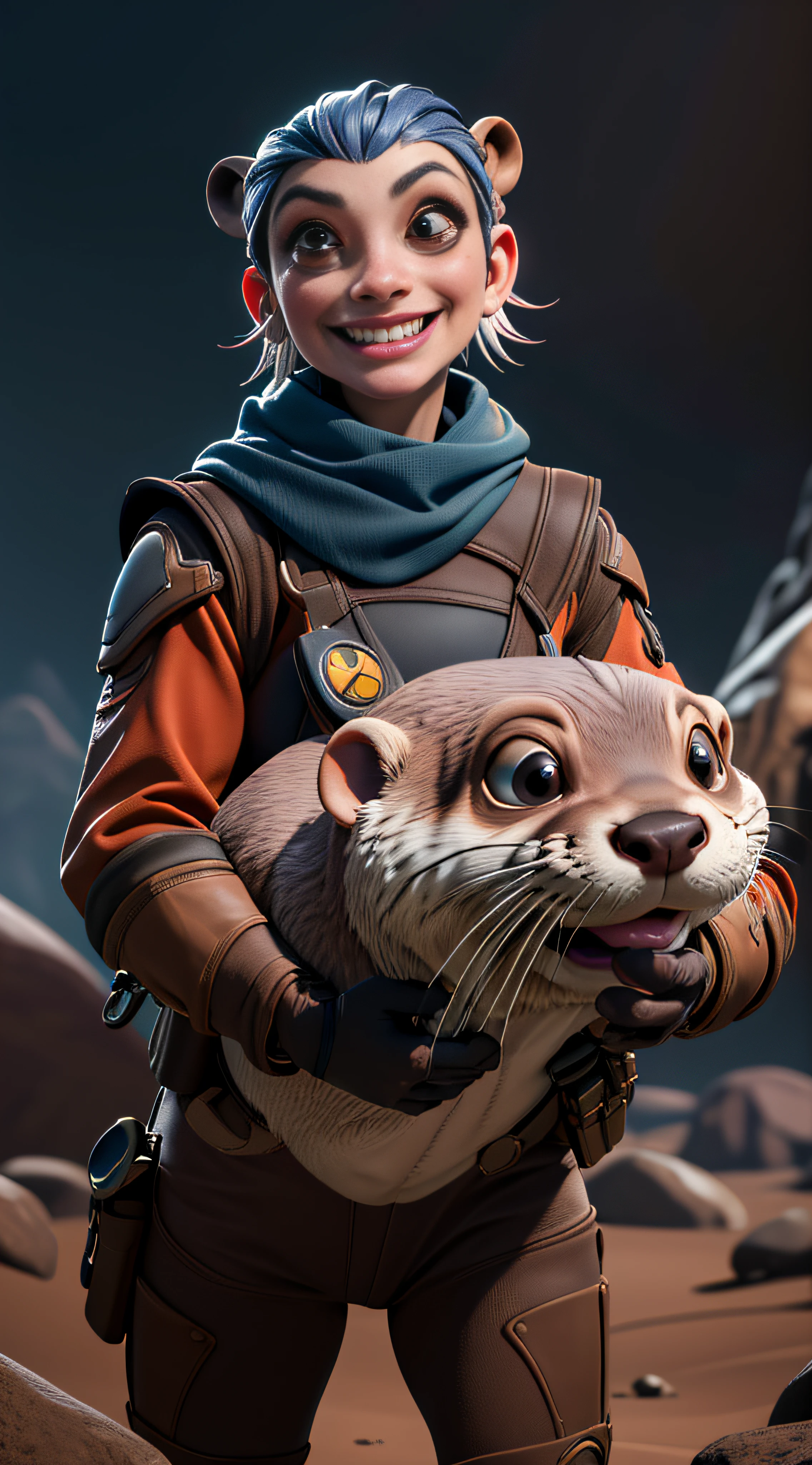 ((8k masterpiece ,best quality:1.2)), absurdres, female otter, solo, smiling, looking at viewer, cowboy shot, cinematic composition, dynamic pose, quixel megascan, volumetric lighting, subsurface scattering