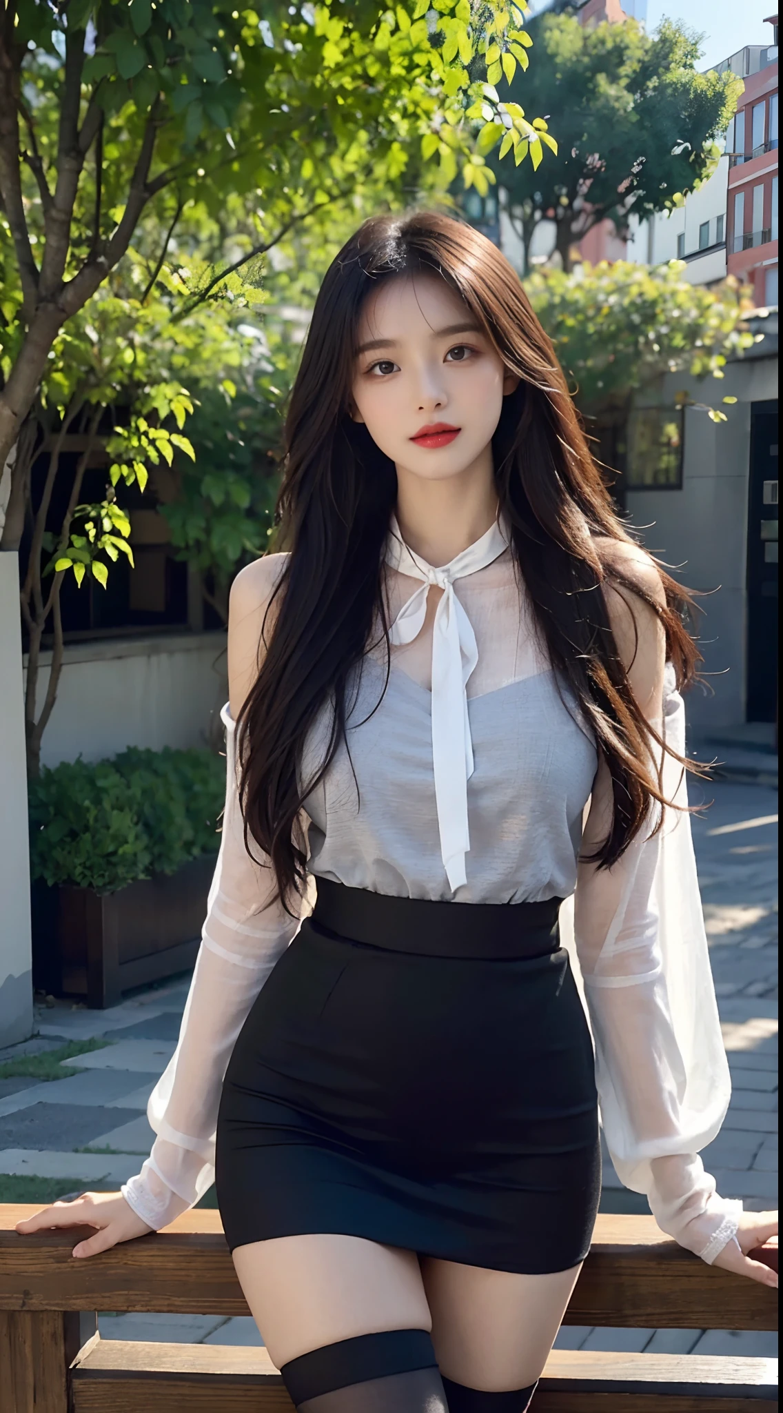 A perfect young female white-collar worker,Chinese big breasts,High picture quality,Works of masters,Black hair,Long hair shawl,Long hair flowing over the shoulders,Beach wave hairstyle,cropped shoulders,鎖骨,exquisite face,Hydrated red lips,((Wear colorful and stylish summer clothing))(red colour,blue colors,green color,Violet-orange,In pink,amarelo,Printed clothing),Kurfo,,Colorful pleated skirt,white stockings,over knee socks,Magic starry sky dress,Lace skirt,Puff sleeve skirt,Tassel elements,Lace paneled elements,Openwork elements,Texture element,Real Human,CG rendering,16k,Stand up,Suzhou Garden,On the bridge,Do not show your hands,(Hands do not show sleeves)Close-up shot