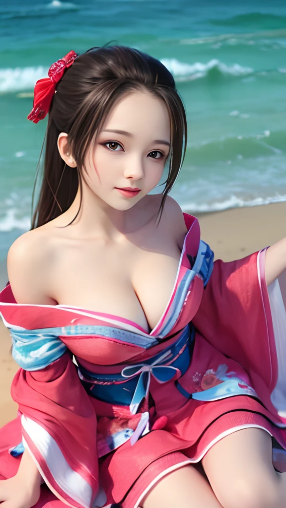 Adorable, 14years , Ruffled Summer Dresses, japanaese girl, cleavage, Beach, Low contrast, (Smile:0.7), Forehead, hair scrunchie, Best Quality, 超A high resolution, photographrealistic, ultra-detailliert, 8K, Raw photo, Perfect Anatomy