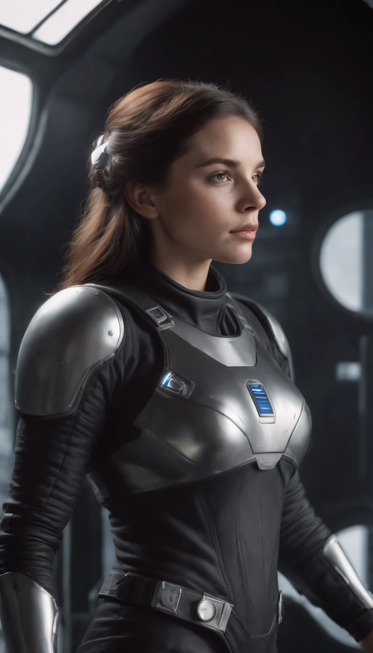Superrealista, obra prima, melhor qualidade, Grande angular hiper-detalhada, melhor qualidade, 8k, natural lightting, soft lighting, luz solar, ( Foto de corpo inteiro de 1 bonita,Vista Trimestral,in the cockpit of the spacecraft, somente, olhos bonitos, cabelo preto liso longo, Using detailed liquid metal full-body armor , shiny core, brilhante:1.3).(Futuristic space station in the background:1.4) HDR (High Dymanic Range), Maximum clarity and sharpness, Texturas multicamadas, fotorrealista, hiper realista, Hiperdetallado, analogue style, soft lighting, Dispersion of the subsoil, realista, sombra pesada, obra prima, melhor qualidade, Ultra realista, 8k, proportion Aurea, intrincado, High detail, cinematic movie photograph, Foco suave, ,GH3A,LUN4