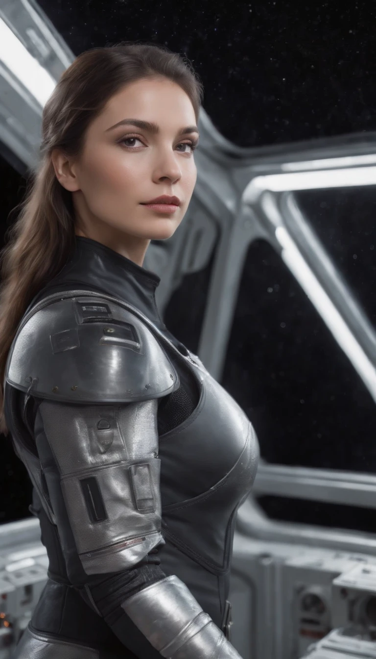 Superrealista, obra prima, melhor qualidade, Grande angular hiper-detalhada, melhor qualidade, 8k, natural lightting, soft lighting, luz solar, ( Foto de corpo inteiro de 1 bonita,Vista Trimestral,in the cockpit of the spacecraft, somente, olhos bonitos, cabelo preto liso longo, Using detailed liquid metal full-body armor , shiny core, brilhante:1.3).(Futuristic space station in the background:1.4) HDR (High Dymanic Range), Maximum clarity and sharpness, Texturas multicamadas, fotorrealista, hiper realista, Hiperdetallado, analogue style, soft lighting, Dispersion of the subsoil, realista, sombra pesada, obra prima, melhor qualidade, Ultra realista, 8k, proportion Aurea, intrincado, High detail, cinematic movie photograph, Foco suave, ,GH3A,LUN4
