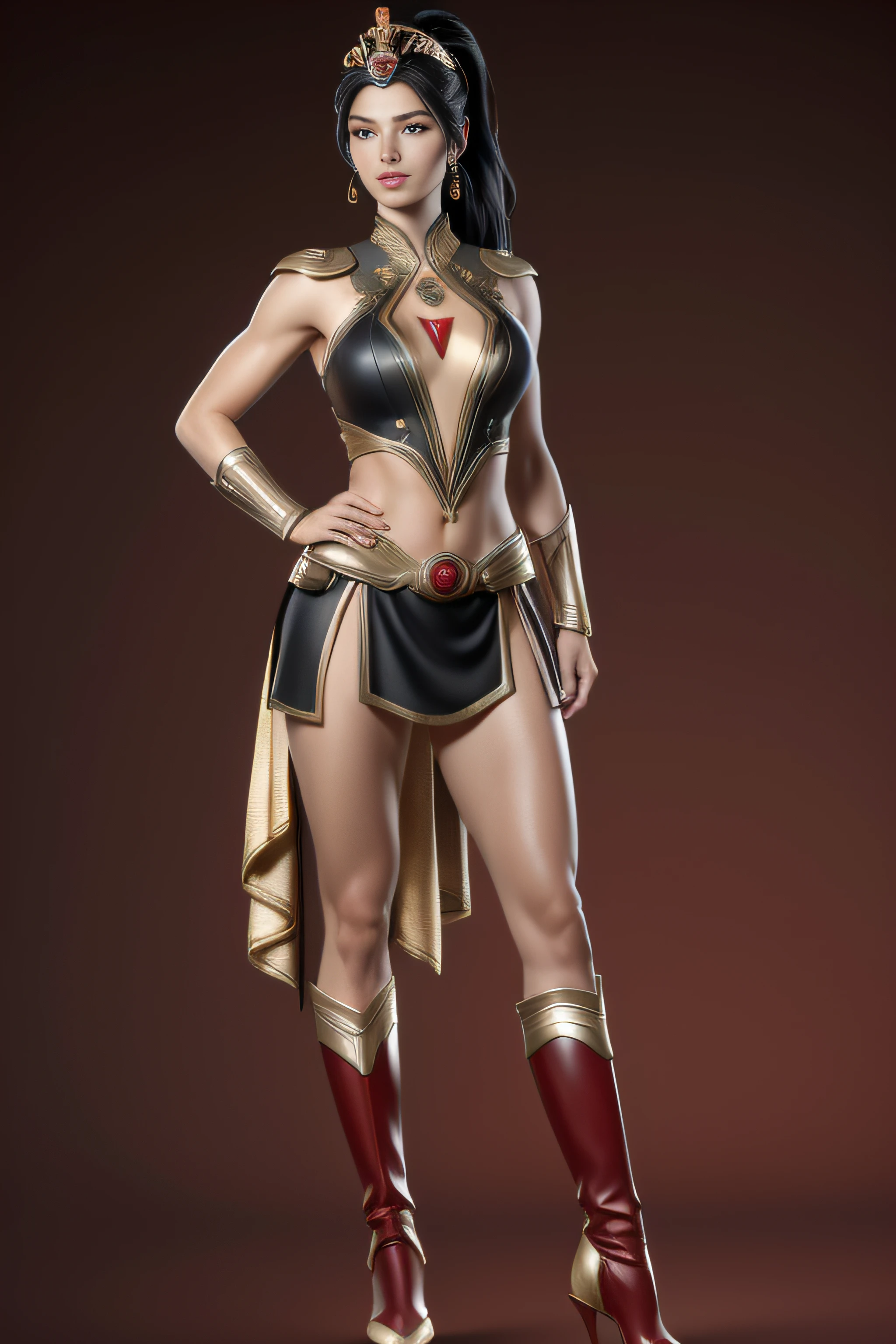 (Masterpiece, 4k resolution, ultra-realistic, very detailed) sexy beautiful female superheroine ,, (jet black hair) ponytail, ( red Ancient roman outfit) red , with a golden Star, wears (a golden tiara with a red gem on forehead) , golden bracelets, long red boots, and small red shorts full body in the style of realism, glistening skin, , natural lighting, Defined full lips. fitness feminine body. in the style of realism, glistening skin, , natural lighting, Defined full lips. Muscular fitness feminine body