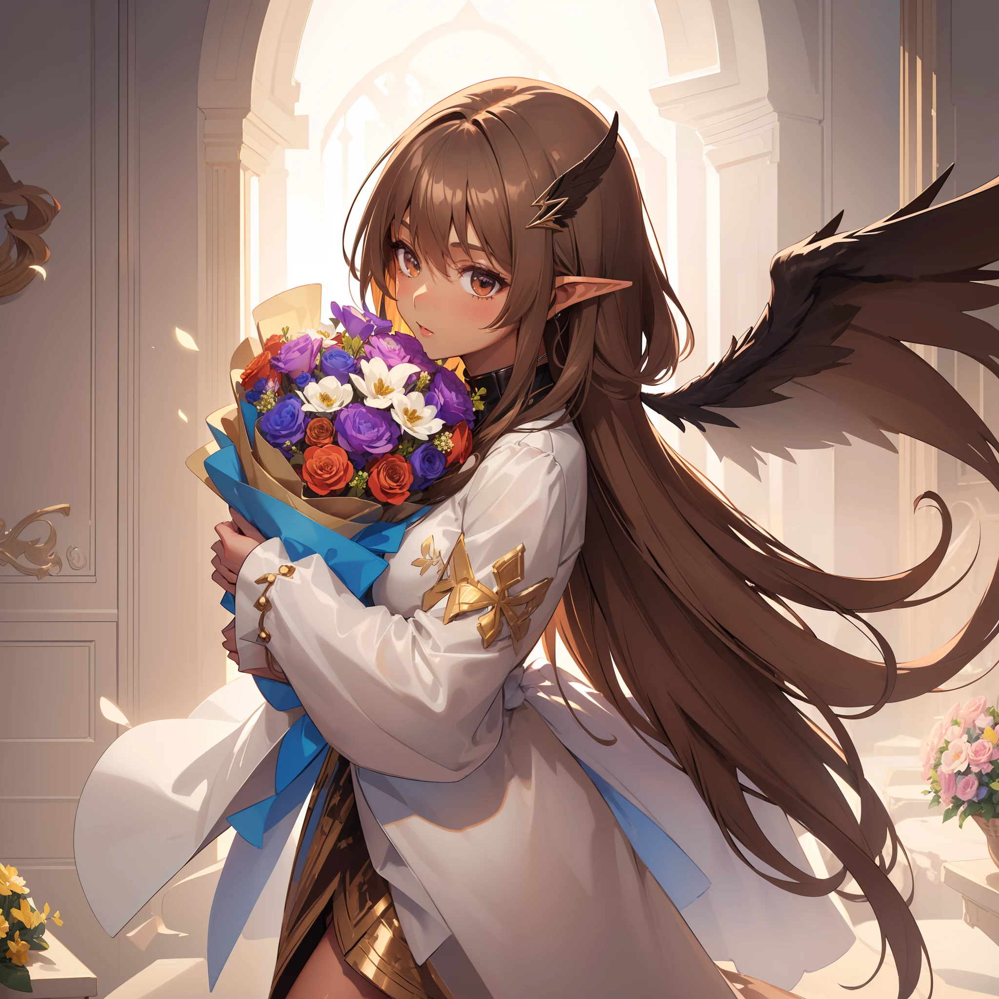 (Chibi:1.4),(decorated:1.5 and wrapped:1.7 and ribboned:1.7 ),((A bouquet of a million colorful flowers is placed in front of your face.:1.7)),(A bouquet that overflows from the bouquet:1.6),solo,BRAKE (Darkness:1.4),(fantasy costume:1.5),elf ear:1.1,(raven wings:1.6),(dark elf:1.6),blue eyes,(milky silver hair:1.6),(ash brown skin woman:1.8),(high-heeled shoes:1.3),solo,BRAKE dynamic pose,dynamic angle,from side:1.7,full body shot:1.3, low shot:1.3,BRAKE fantastic room,BREAK (extremely detailed CG unity 8k portrait:1.3),ray-tracing,(highly detailed fingers:1.3),(Masterpiece: 1.3),(ultra detailed face),(Exquisite Detail: 1.2),highly detail Eye,(Highest Quality:1.4), (Super-Resolution: 1.2),(super fine illustration:1.3), Eyelashes, Best Quality,super detailed skin,