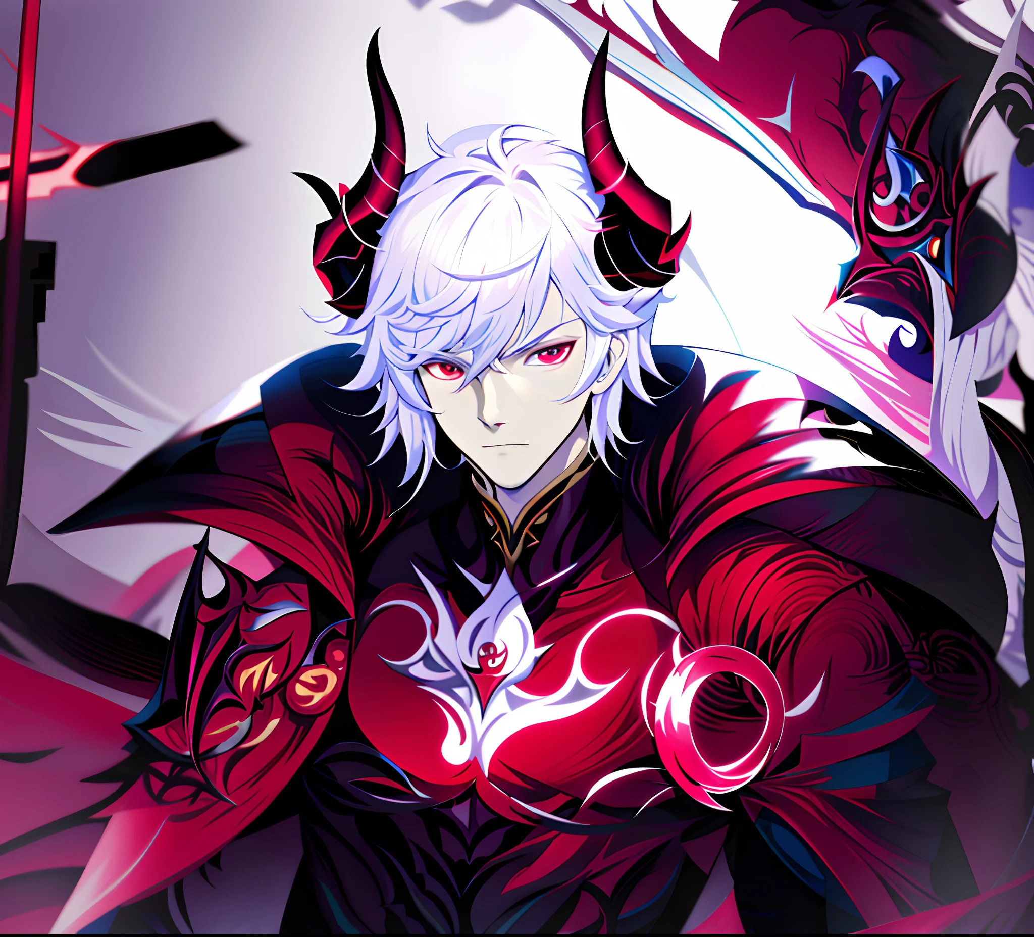 anime character with white hair and armor holding a sword, pink eyes, keqing from genshin impact, zhongli from genshin impact, genshin impact character, by Yang J, genshin, casimir art, genshin impact, official character art, video game genshin impact, demon male, aion, loong, key anime art, the former demon king, detailed face, 4k art, art hd, hd art, detailed eyes, black horns, buildings in the background, blue color pallete