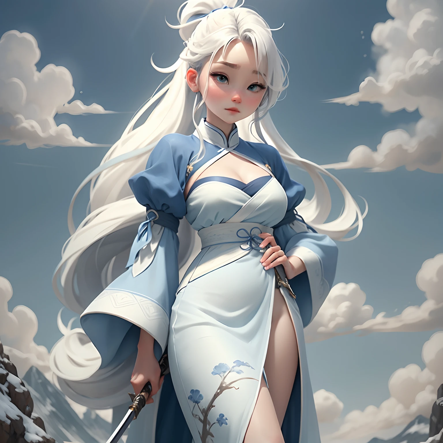 Young girls，Delicate blue and white Hanfu, Holding a long sword in his hand，Calm face, Clear appearance, bun hairstyle, Light-colored hair，High ponytail，long whitr hair,  Stand on a high mountain，Green mountains and white clouds background，Open scenery,Chinese style, closeup cleavage，Best quality at best，4k画质，Ultra-high sharpness,k hd,8K，