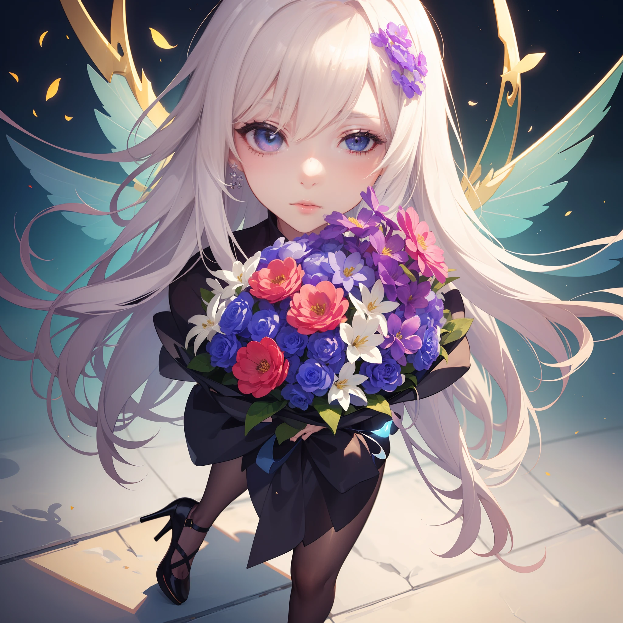 (Chibi:1.4),(decorated:1.5 and wrapped:1.7 and ribboned:1.7 ),((A bouquet of a million colorful flowers is placed in front of your face.:1.7)),(A bouquet that overflows from the bouquet:1.6),solo,BRAKE ,(wearing rainbow wings made of film:1.5),(wearing transparent fairy wings:1.2),(fantasy costume:1.5),elf ear:1.1,(high-heeled shoes:1.3),solo,BRAKE dynamic pose,dynamic angle,from side:1.7,full body shot:1.3, low shot:1.3,BRAKE fantastic forest,BREAK (extremely detailed CG unity 8k portrait:1.3),ray-tracing,(highly detailed fingers:1.3),(Masterpiece: 1.3),(ultra detailed face),(Exquisite Detail: 1.2),highly detail Eye,(Highest Quality:1.4), (Super-Resolution: 1.2),(super fine illustration:1.3), Eyelashes, Best Quality,super detailed skin,