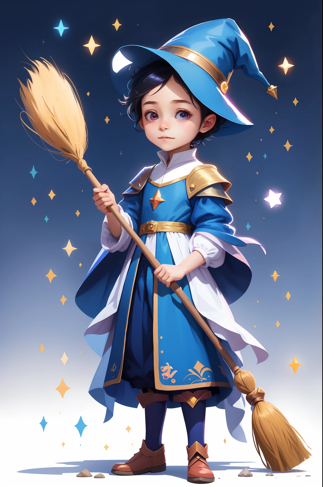 Cartoon image of a little girl, dressed in a wizard costume, holding a broom, The Young Wizard, A Wonderful Wizard, beautiful celestial mage, Young Sorceress Woman, childrens art in artstation, Epic Magician Girl Character, black - haired mage, mage, fantasy mage, sky witch, The Magician Woman!, Hero 2d Fan Art Artsation, Leng Mei, The Bright Witch, female magician